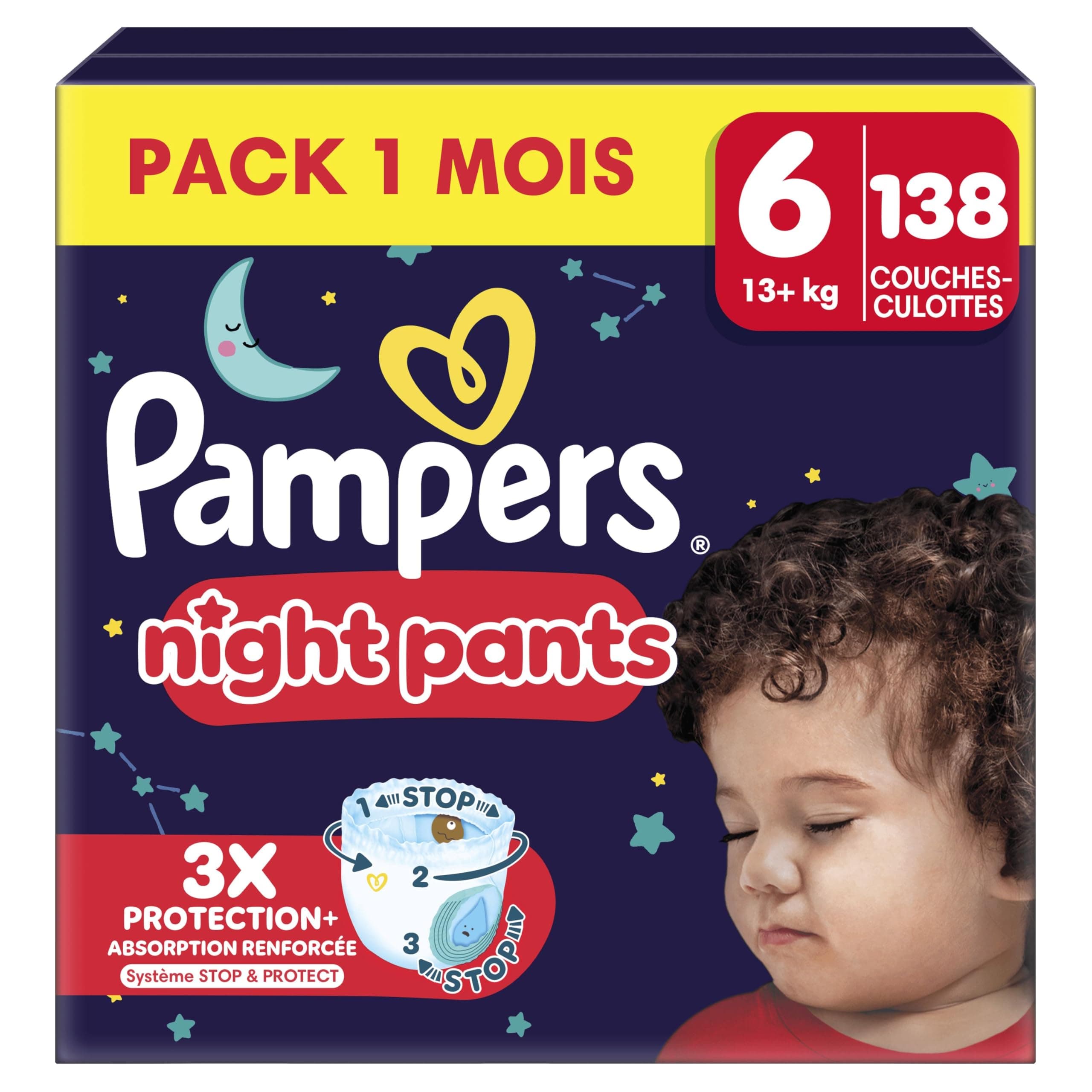 Pampers Night Pants, Taille 6, 138 Couches, 15kg+, Maintien 360° Contre Les Fuites Avec Un Cœur Super Absorbant Pour Une Protection Renforcée Toute La Nuit, Pack 1 Mois