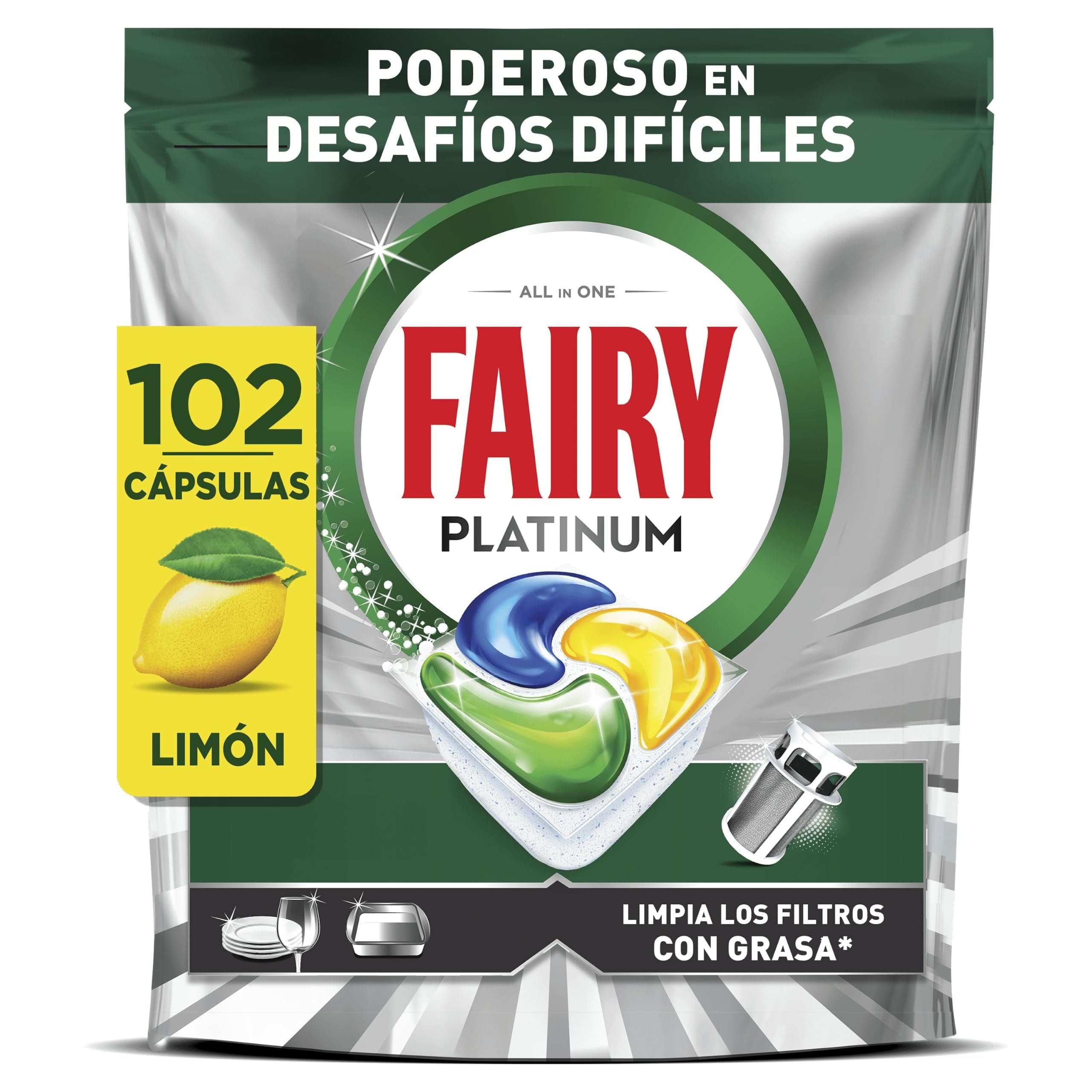 Fairy Platinum Cápsulas De Lavavajillas, Limón, 34 Cápsulas, Potente Incluso Con Los Restos De Comida Más Difíciles, Platos Limpios, Lavavajillas Brillante, Filtro Limpio Sinasa (Paquete de 3)