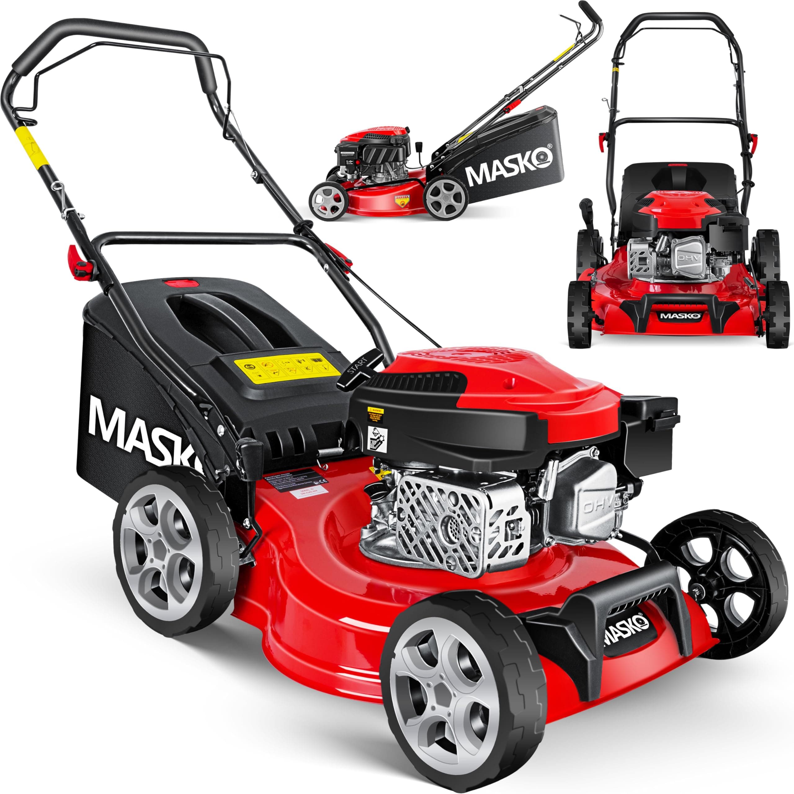Masko MASKO Tondeuse à gazon à essence 3 en 1,Largeur de coupe 42 cm,7 niveaux de hauteur de coupe,Moteur OHV 4 temps 3,4 CV,Panier collecteur de 50 litres