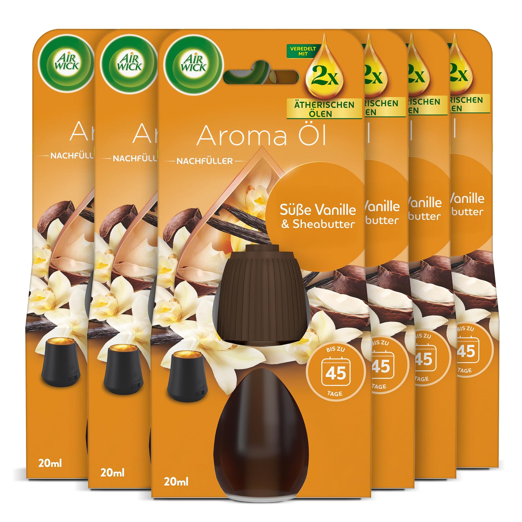Air Wick Aroma-Öl Flakon Nachfüller – Duft: Süße Vanille und Sheabutter – Süßlicher Wohnungsduft mit ätherischen Ölen – 6 x 20ml Duftöl Set