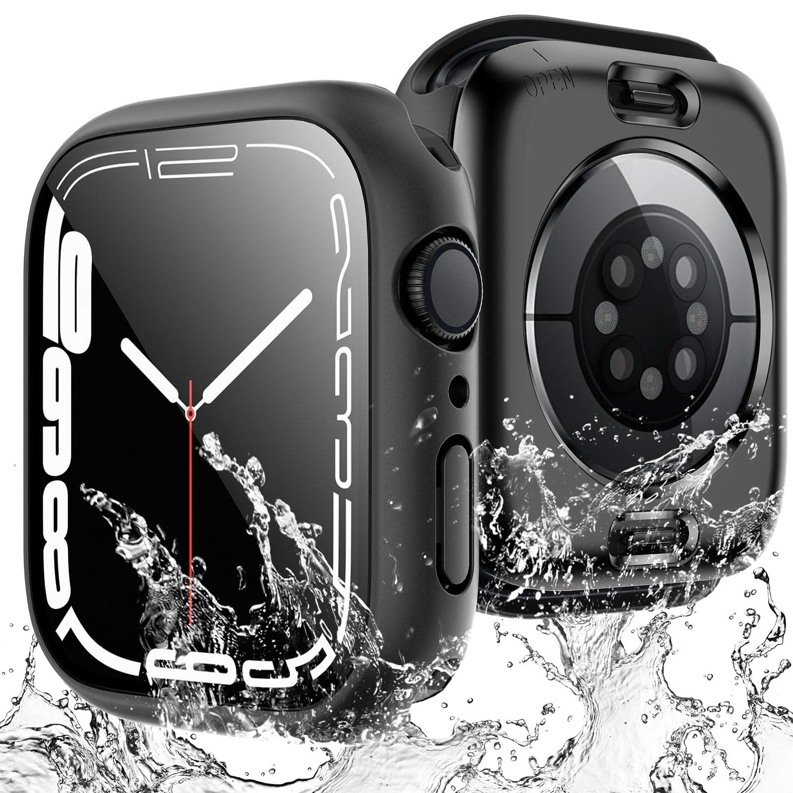 TAURI 2 Pezzi Cover Impermeabili Apple Watch Series 9/8/7 da 45 mm, [Certificazione IPX8 Impermeabile] con Protezione in Vetro Temperato 9H, [Protezione Completa]Custodia Protettiva Sottile 45mm-Nero