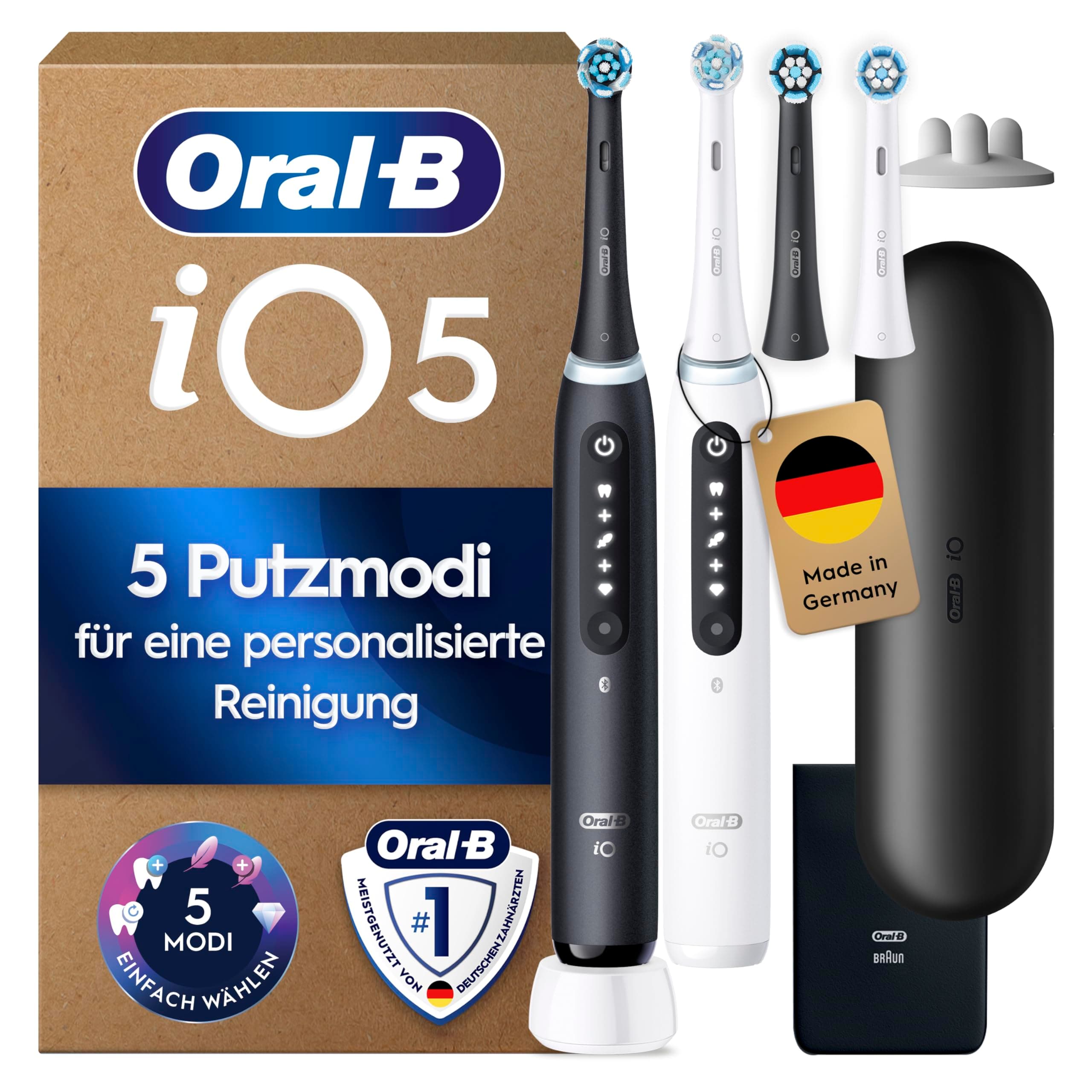 Oral-B iO Series 5 Plus Edition Elektrische Zahnbürste, Doppelpack mit 4 Aufsteckbürsten, Schwarz/Weiß - Electric Toothbrush, Inkl. Reise-Etui Und 5 Putzmodi für Zahnpflege, Designed by Braun