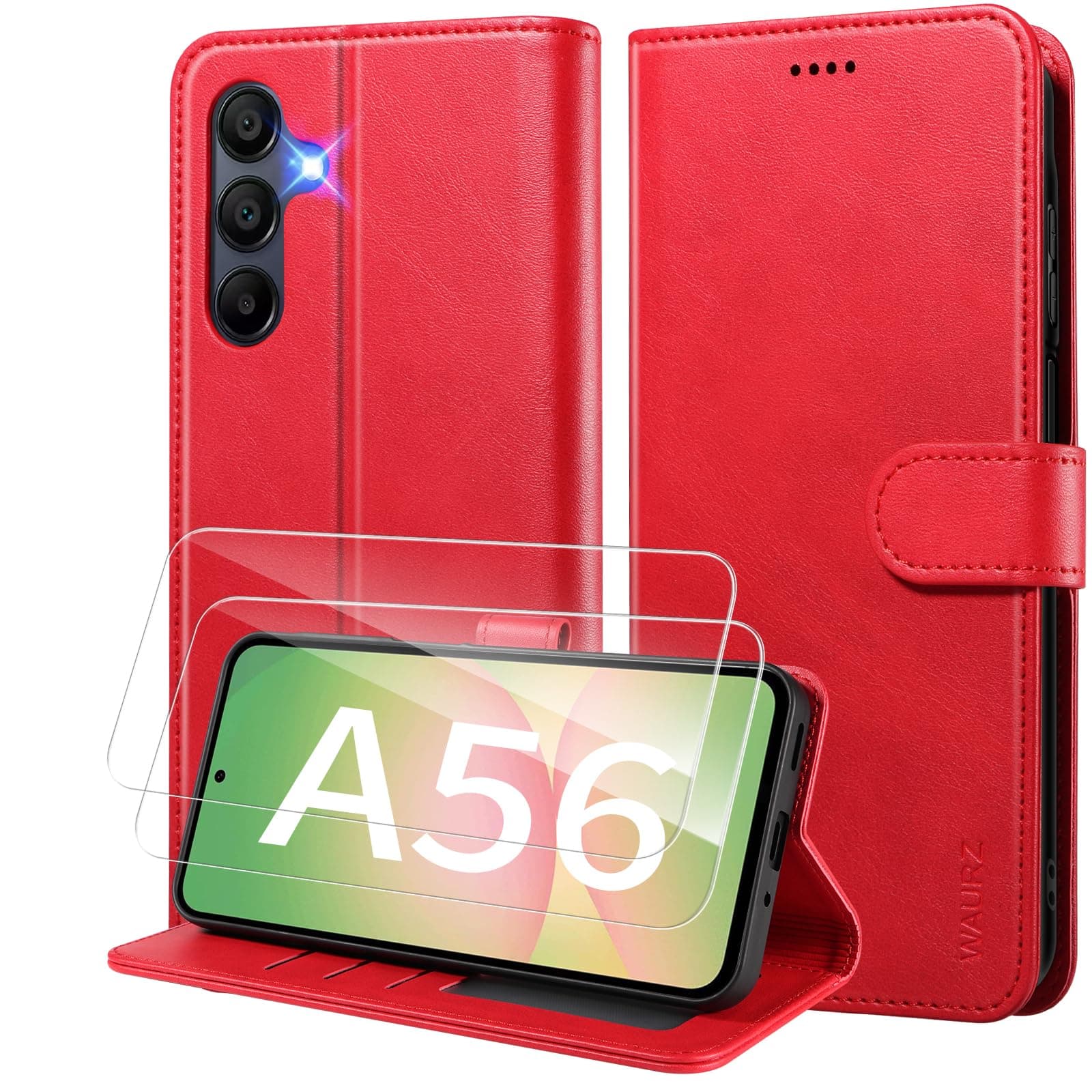 WAURZ Cover per Samsung Galaxy A56 5G Custodia Cover Pelle Libro con 2 Pellicola Vetro Temperato Protezione Schermo Portafoglio Porta Carte Antiurto Cuoio Flip Case Custodia Cover,Rosso