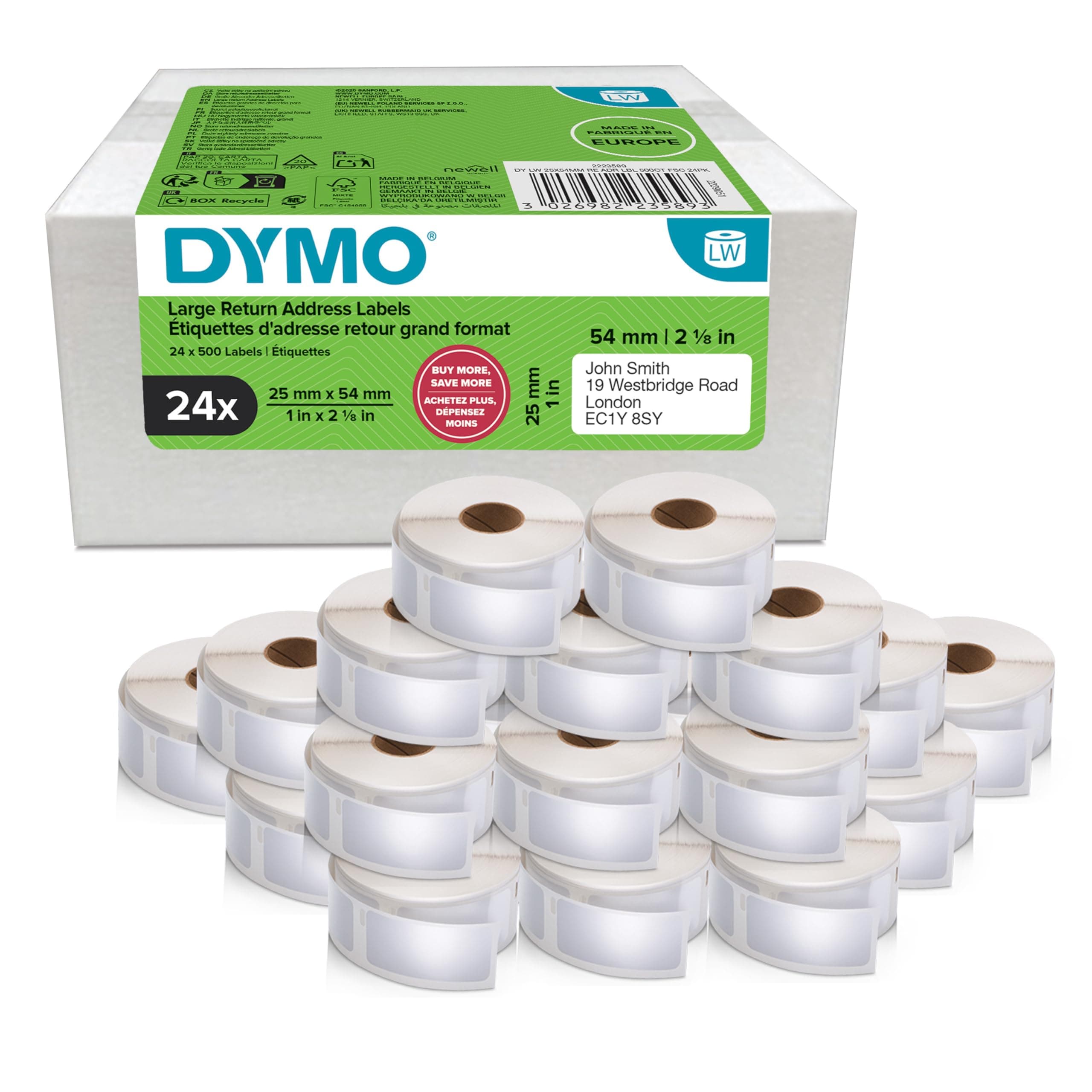 DYMO LW étiquettes de retour autocollantes | 25 mm x 54 mm | 24 rouleaux 500 étiquettes faciles à décoller (lot de 12.000) | pour les étiqueteuses LabelWriter