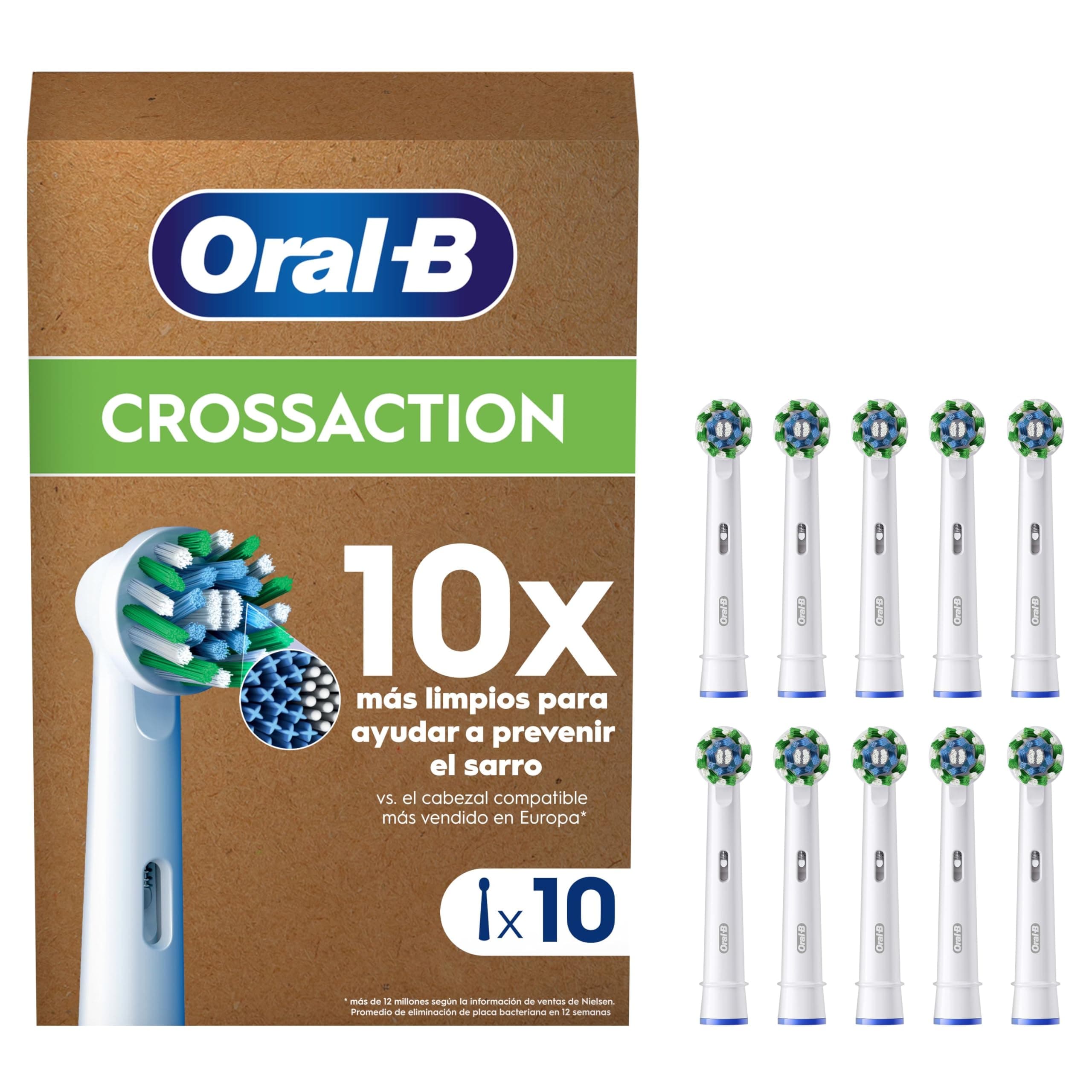 Oral-B Pro CrossAction Cabezales de Recambio Originales, Blanco, Pack de 10 - Recambios para Cepillo de Dientes Eléctrico Oral B Pro, con Indicador de Uso, Eliminación de La Placa Bacteriana