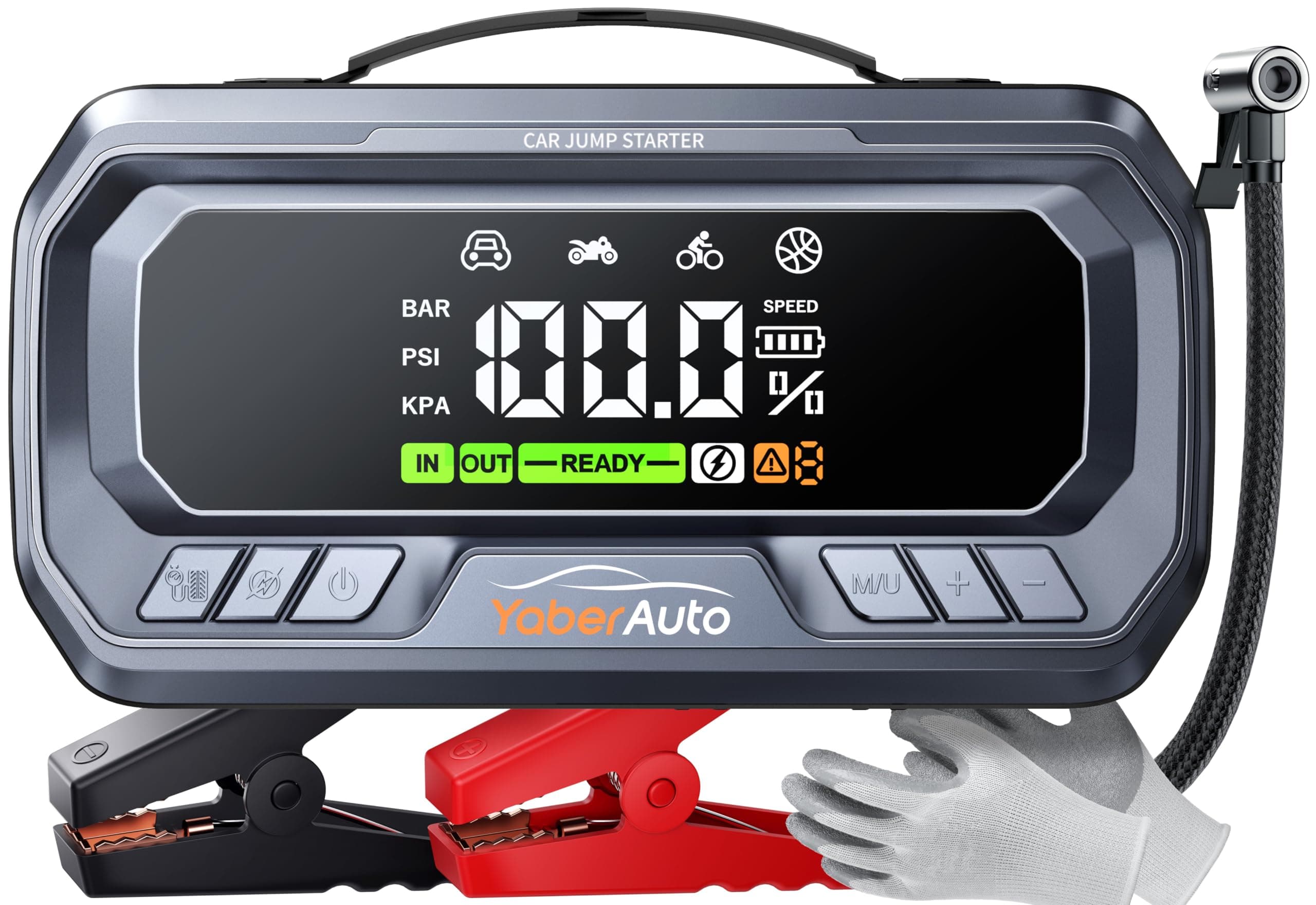 Arrancador de Baterias de Coche con Compresor de Aire, 8000A 160PSI YaberAuto Arrancador de Coche Portatil (Todo Gas/12,0L Diesel) con 65W Carga Rápida, Inflador, Pantalla Grande y Linterna LED