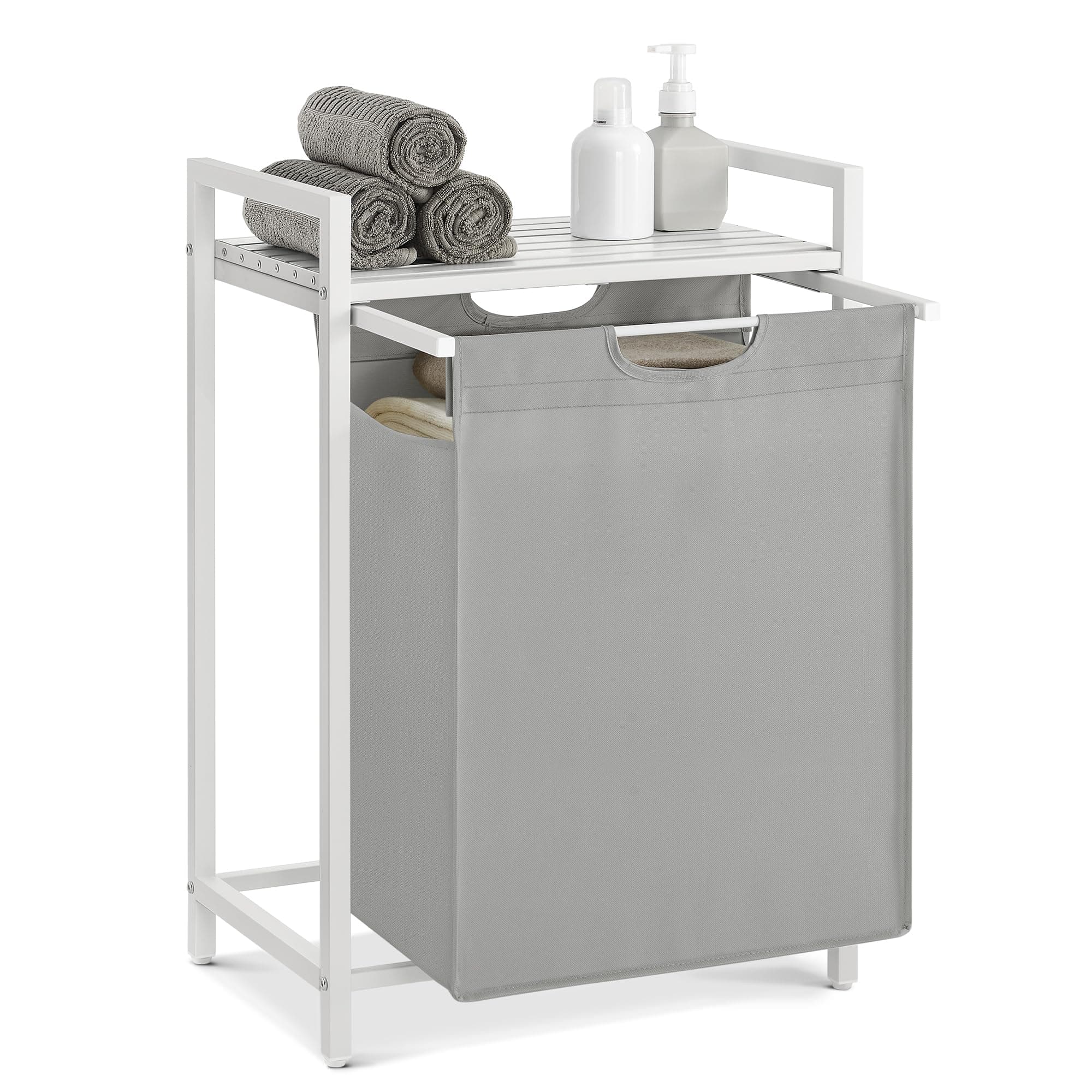 VASAGLE Wäschekorb, Wäschesammler mit Ablage, Wäschebox, Wäschesack aus Oxford-Gewebe abnehmbar, Metallrahmen, 65 L, 50 x 33 x 72 cm, taubengrau-mattweiß BLH101W03