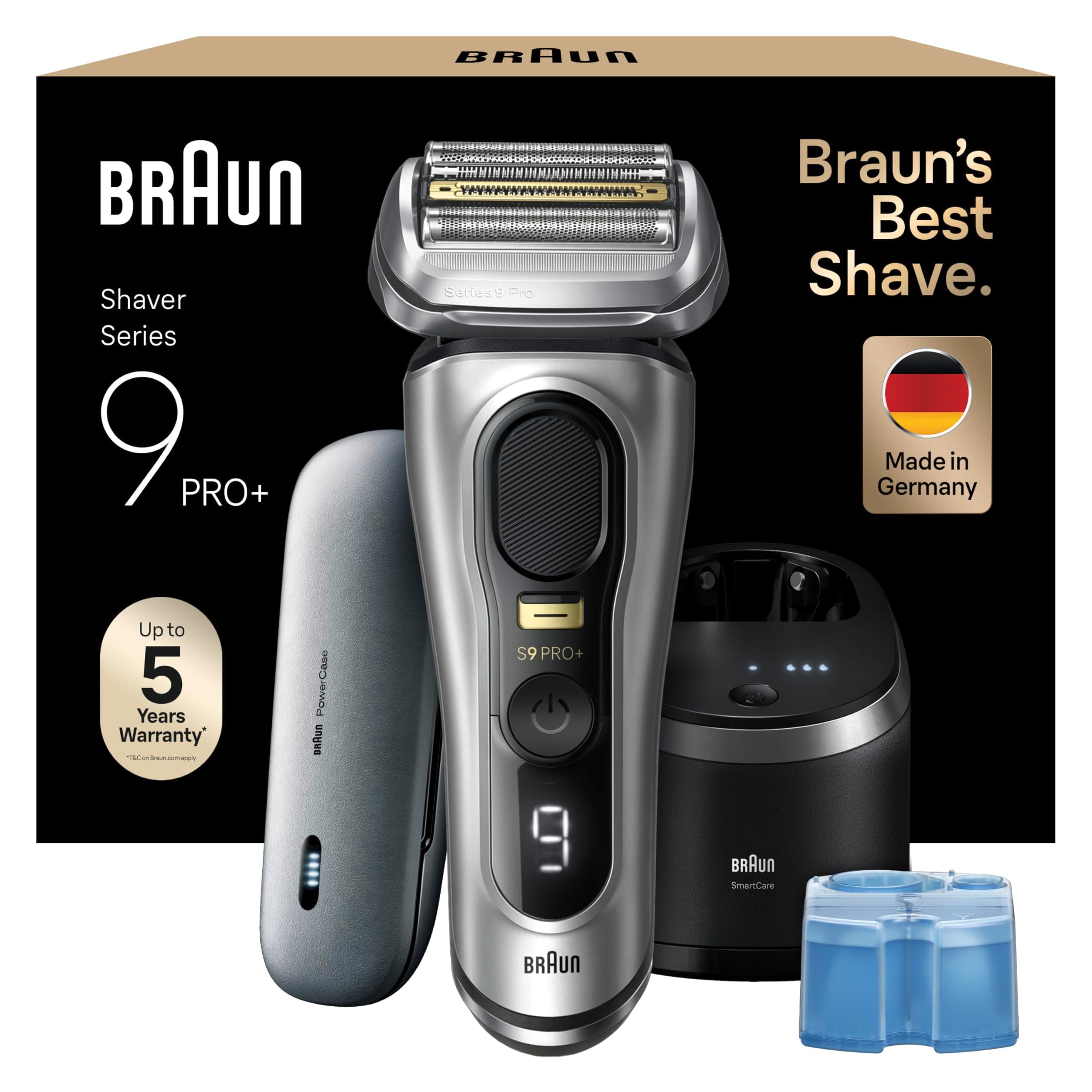 Braun Series 9 PRO +, Rasoio Elettrico Barba, Regolabarba Uomo, Rifinitore di precisione, con PowerCase, Lame Flessibili, SmartCare, Impermeabile, Batteria Litio Ion, Idea Regalo, 9577cc Argento