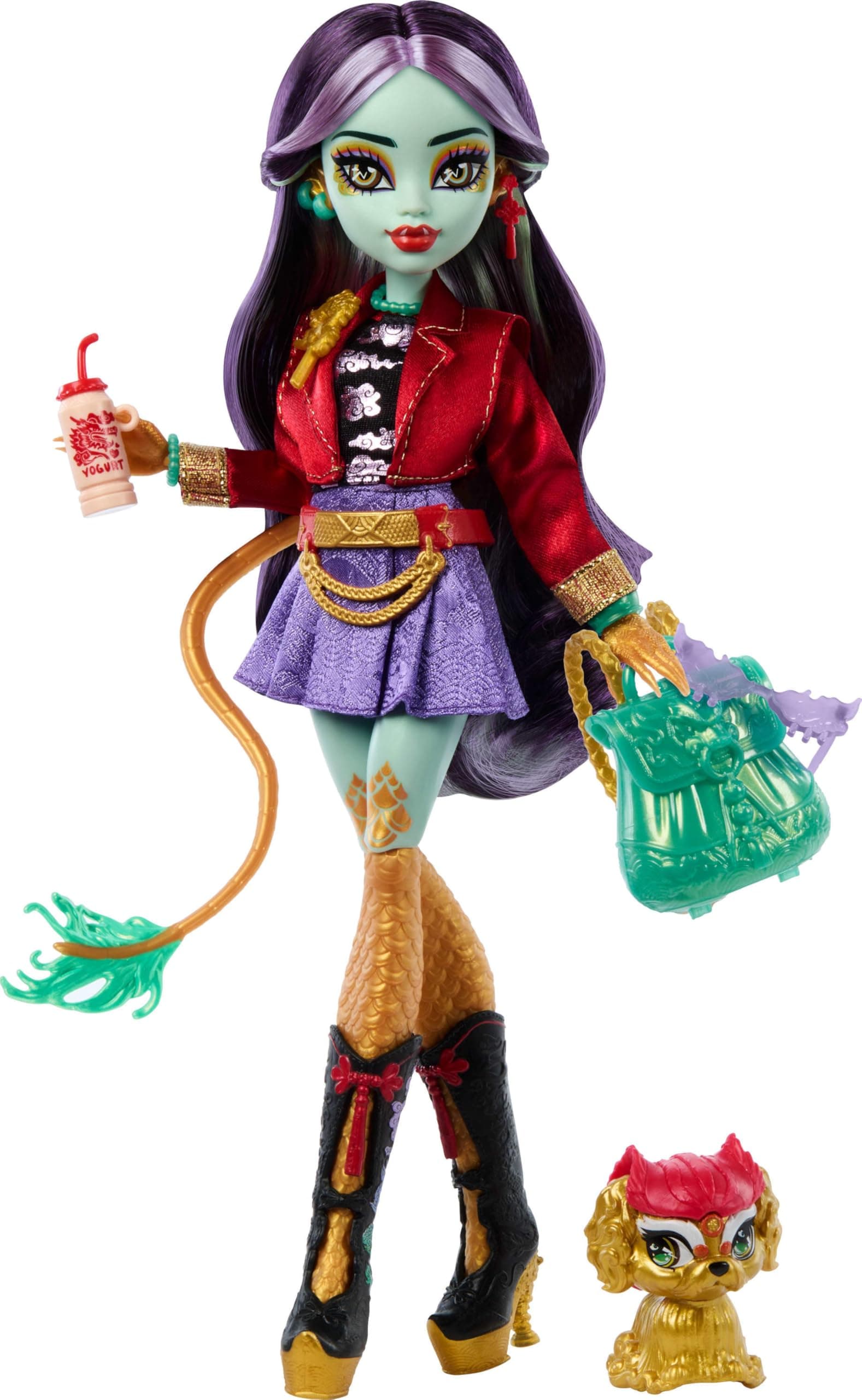 Monster High Jinafire Long Muñeca, chica dragón con perrito mascota Cloudy Yun Yun y 7 accesorios que incluyen un bloc de dibujo, una bebida de yogur, una mochila y mucho más, HYV58