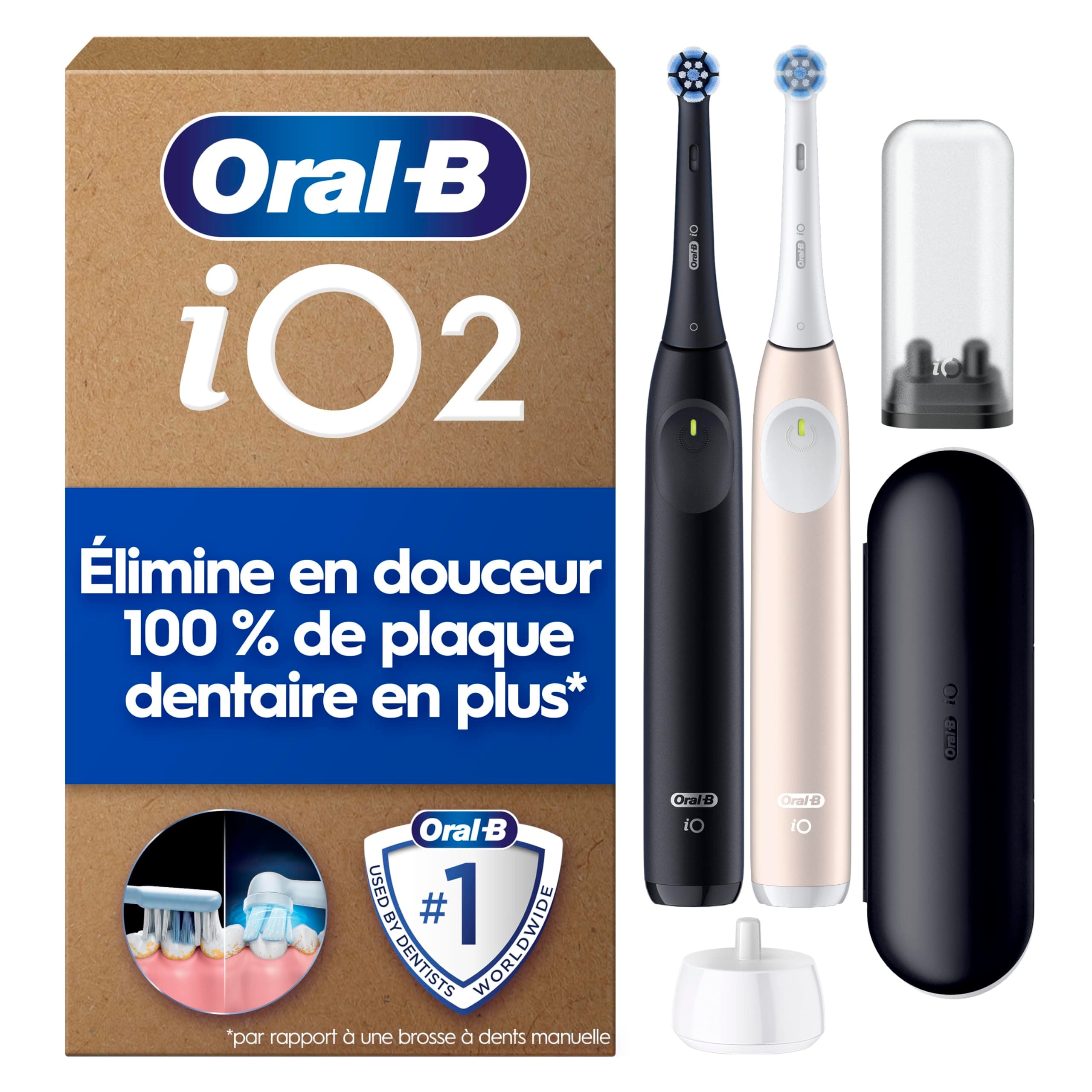 Oral-B Brosse A Dents Electrique iO 2, Pack Duo, Manches Noire Et Rose Clair, 3 Modes De Brossage Silencieux Dont Douceur, Capteur De Pression, 2 Brossettes Oral B De Rechange, Etui De Voyage