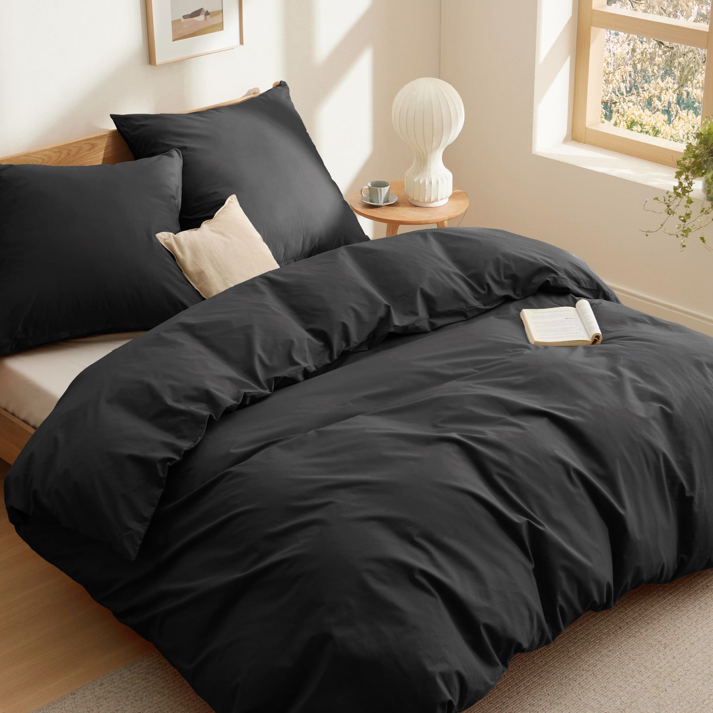 BEDSURE Bettwäsche 155x220 Baumwolle Schwarz - Bettwäsche-Sets 155 x 220 cm Bettbezug 3teilig mit 2 Kissenbezüge 80x80 cm, Oeko-TEX Bedding Schwarz mit Reißverschluss