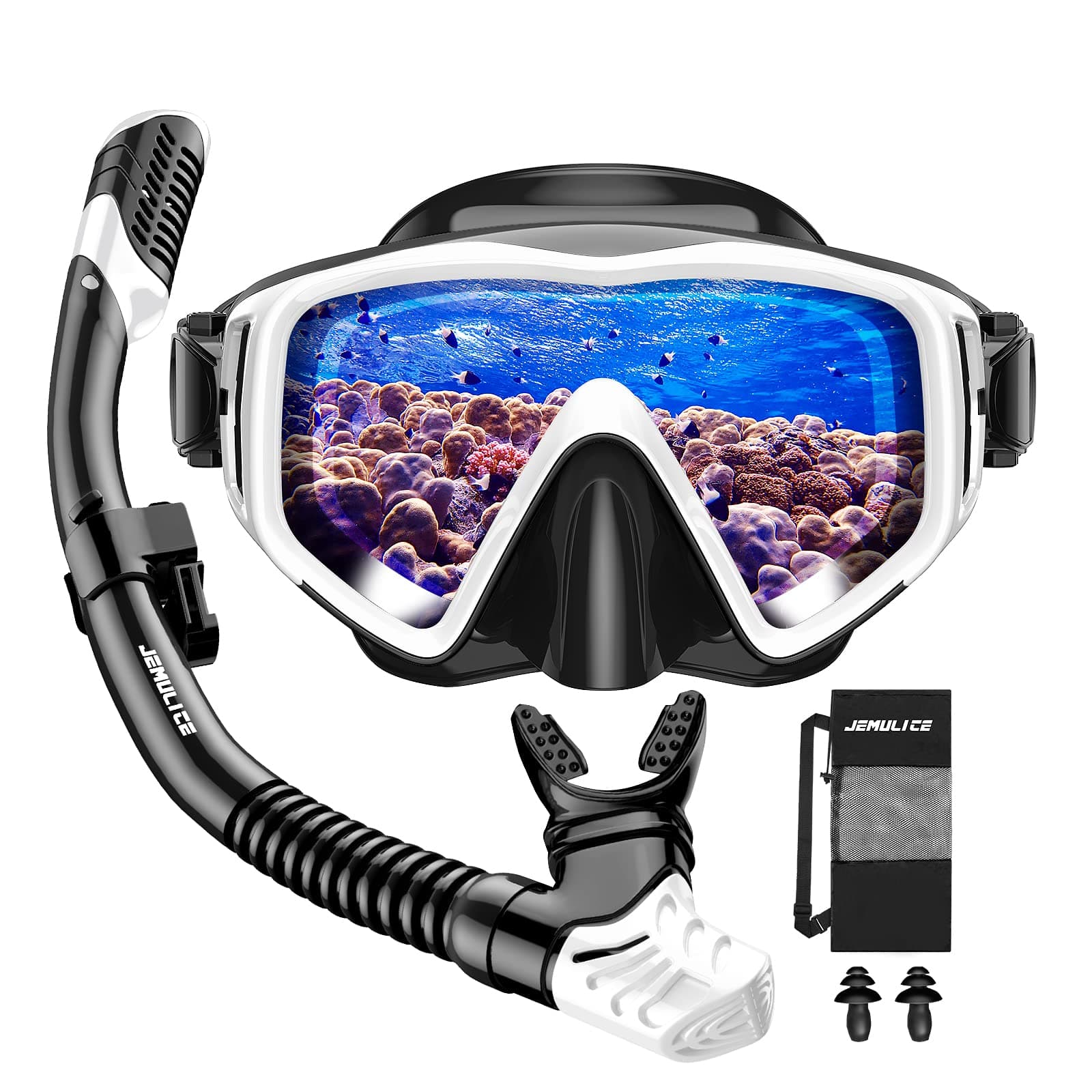JEMULICE Gafas y Tubo de Snorkel Set para Adulto, Panorámico de 180° Gafas de Buceo Adulto de Cristal Templado y Dry Top Snorkel, Equipo de Buceo Juego de Snorkel Profesional para Mujeres Y Hombres