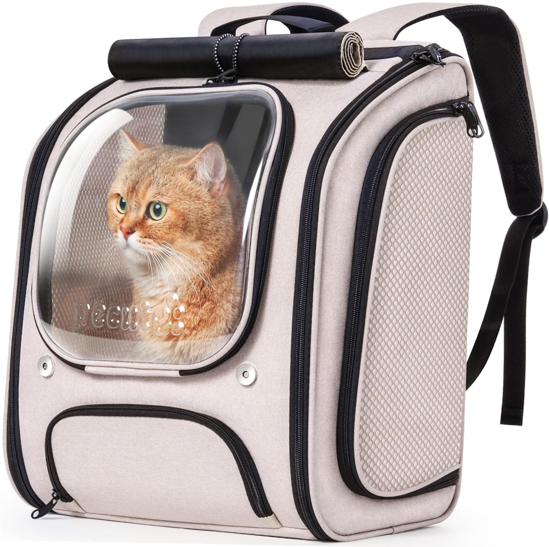 Pecute Mochila Transportadora para Gatos con Burbuja - Espacio Amplio y Estable, Visera Transpirable, Ideal para Viajes, Senderismo, Escalada, visitas al Veterinario con Mascotas, Caqui