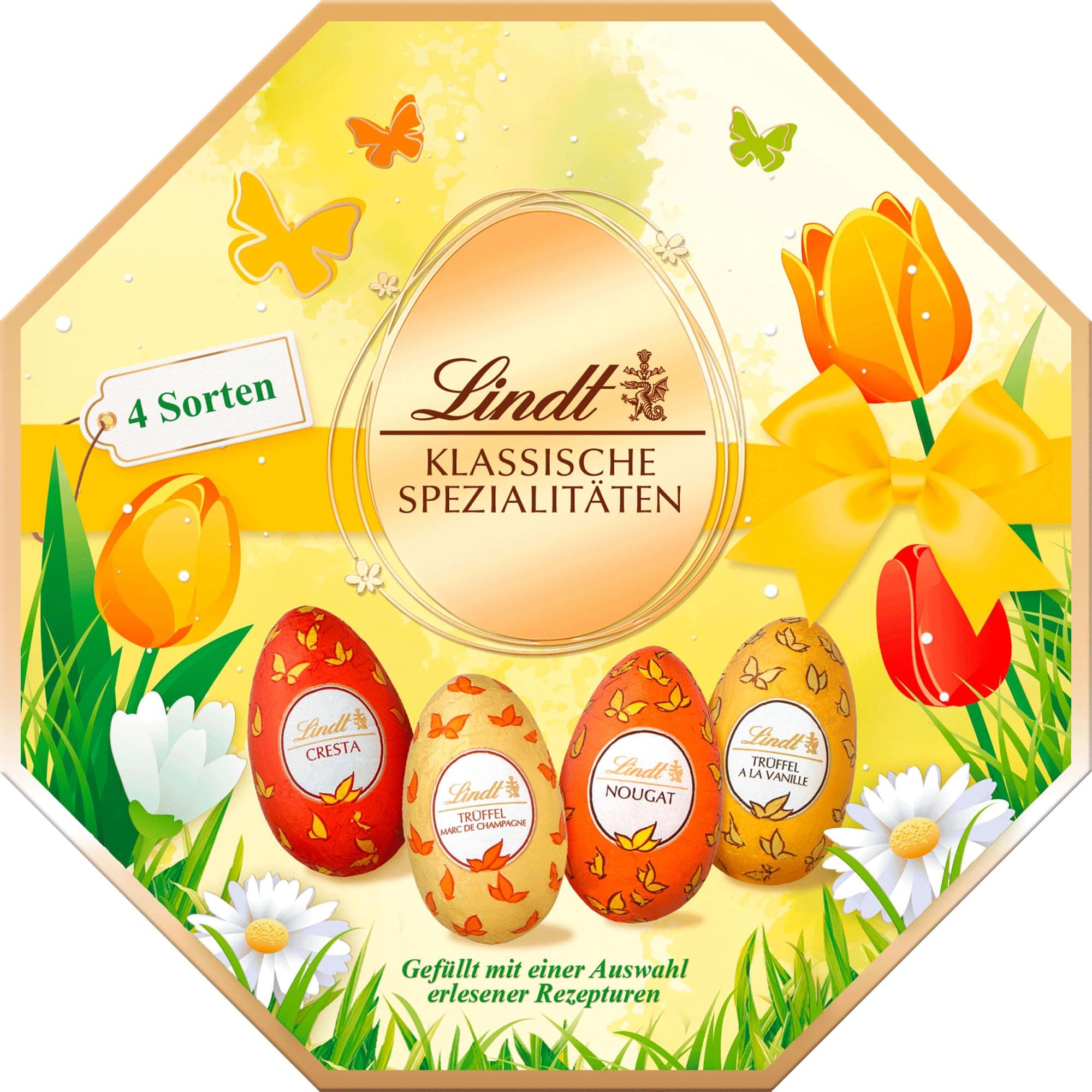 Lindt Schokolade Klassische Spezialitäten Eier | 144 g | Vollmilcheier mit und ohne Alkohol (Marc de Champagne, Nougat, Cresta, Vanille Trüffel) | Oster Schokolade | Schokoladengeschenk | Ostereier