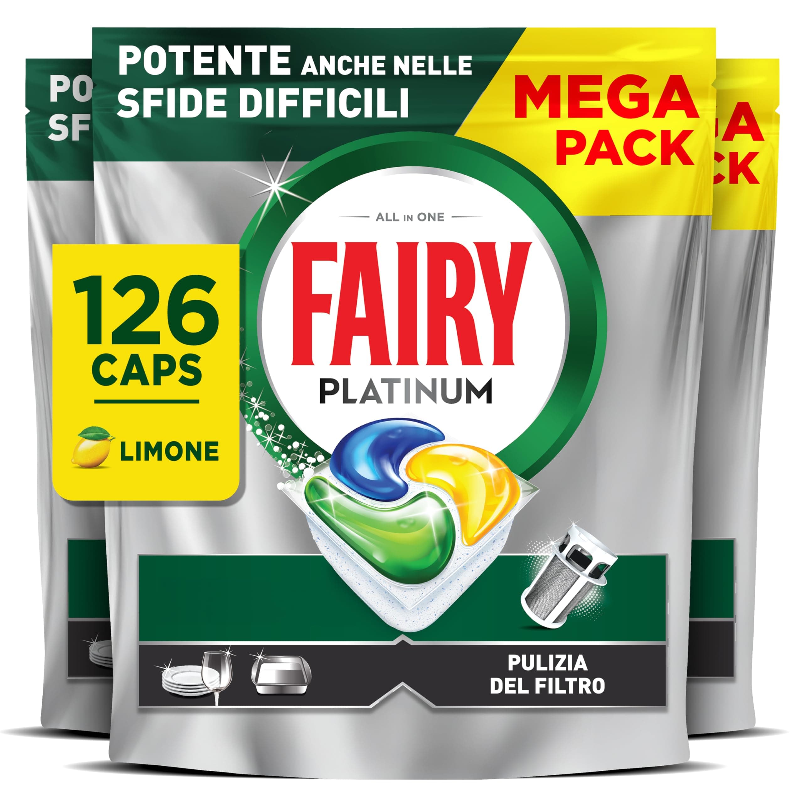 Fairy Platinum Detersivo Pastiglie Lavastoviglie, Brillantante, 126 Capsule Lavastoviglie, Limone, con Sistema Di Prelavaggio Integrato, Efficace nelle Sfide Difficili Contro lo Sporco