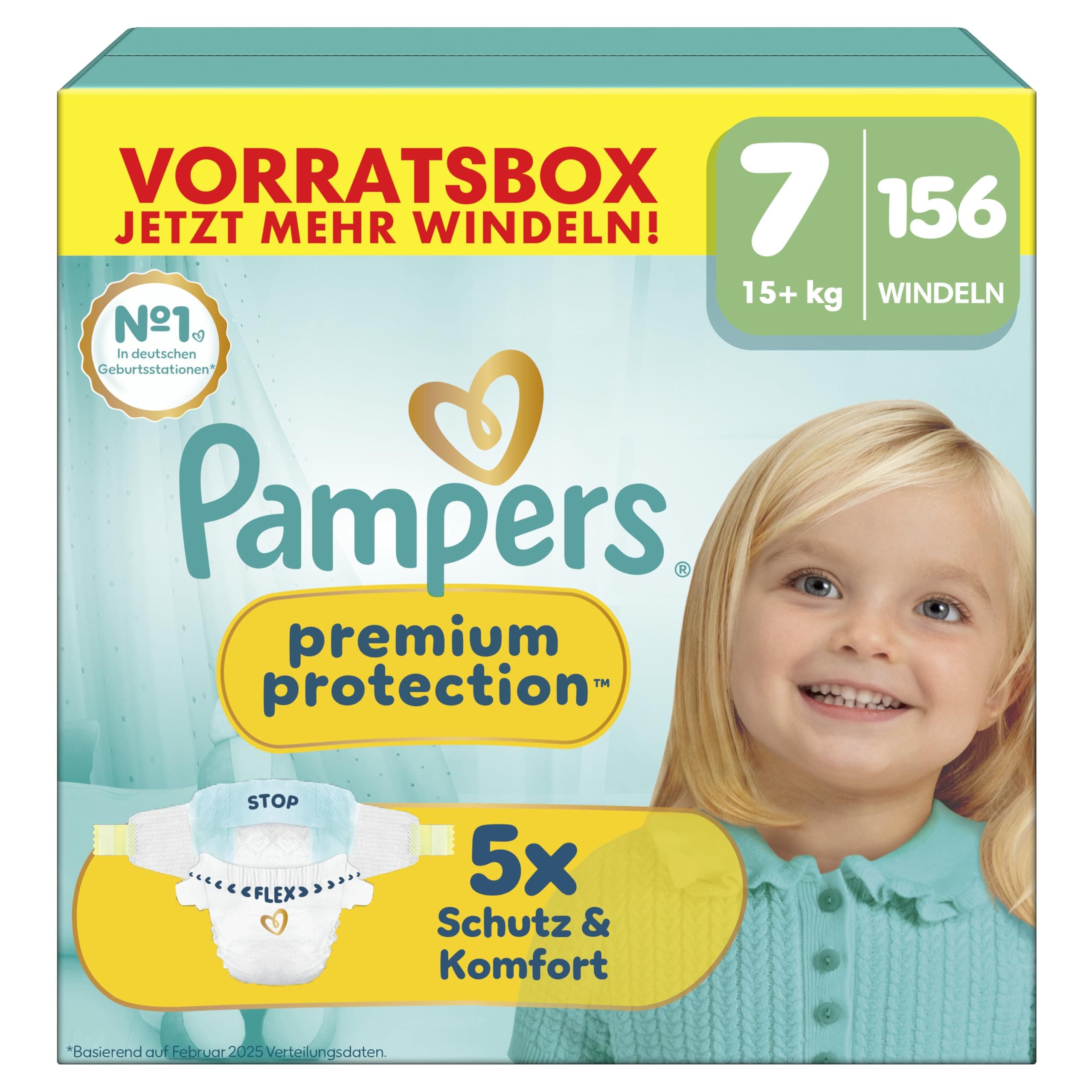 Pampers Premium Protection Größe 7, 156 Windeln, 15kg+, unser Nr. 1 Haut- und Auslaufschutz