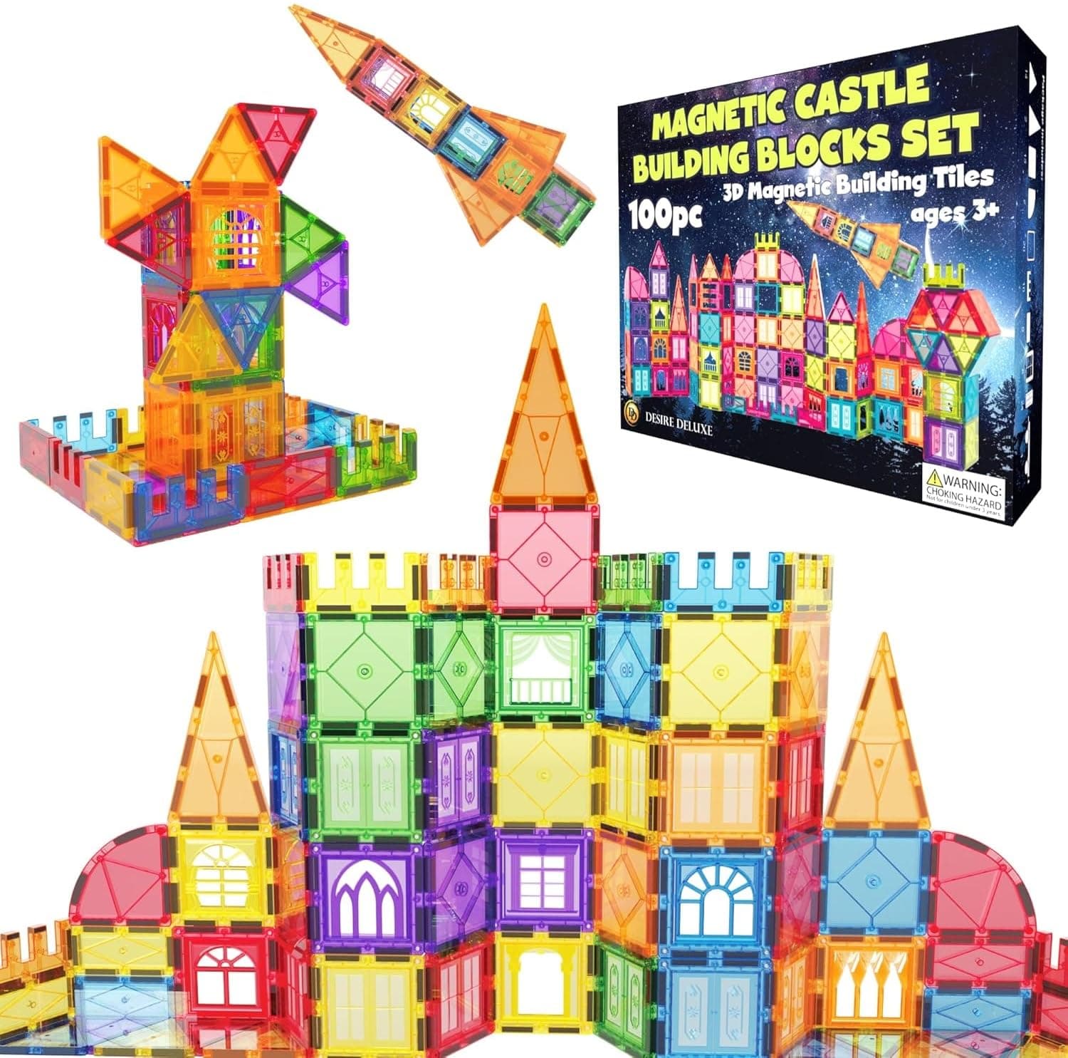 Desire Deluxe Jeux de Construction Magnétiques – 100 PCS Tuiles et Blocs Magnétiques Enfants, Jouet Éducatif STEM 3+ Ans, Sets Créatifs pour Construire, Apprentissage Formes & Couleurs