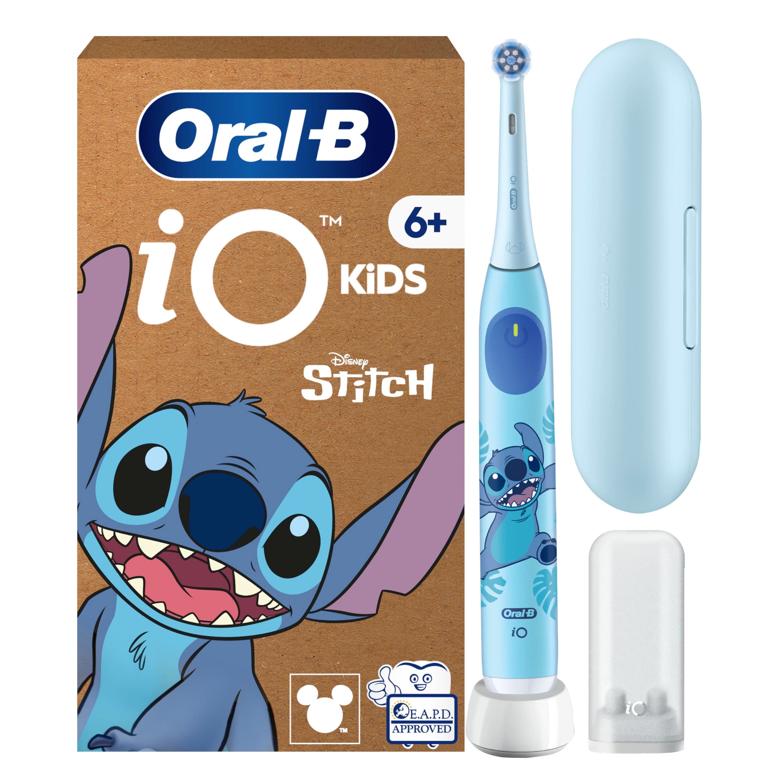 Oral-B Spazzolino Elettrico Ricaricabile iO Kids 6+, 1 Testina, Custodia, Azzurro - Disney Stitch, 1 Testina di Ricambio per Spazzolino Elettrico, dai 6 Anni in su, Delicato sulle Gengive, Custodia