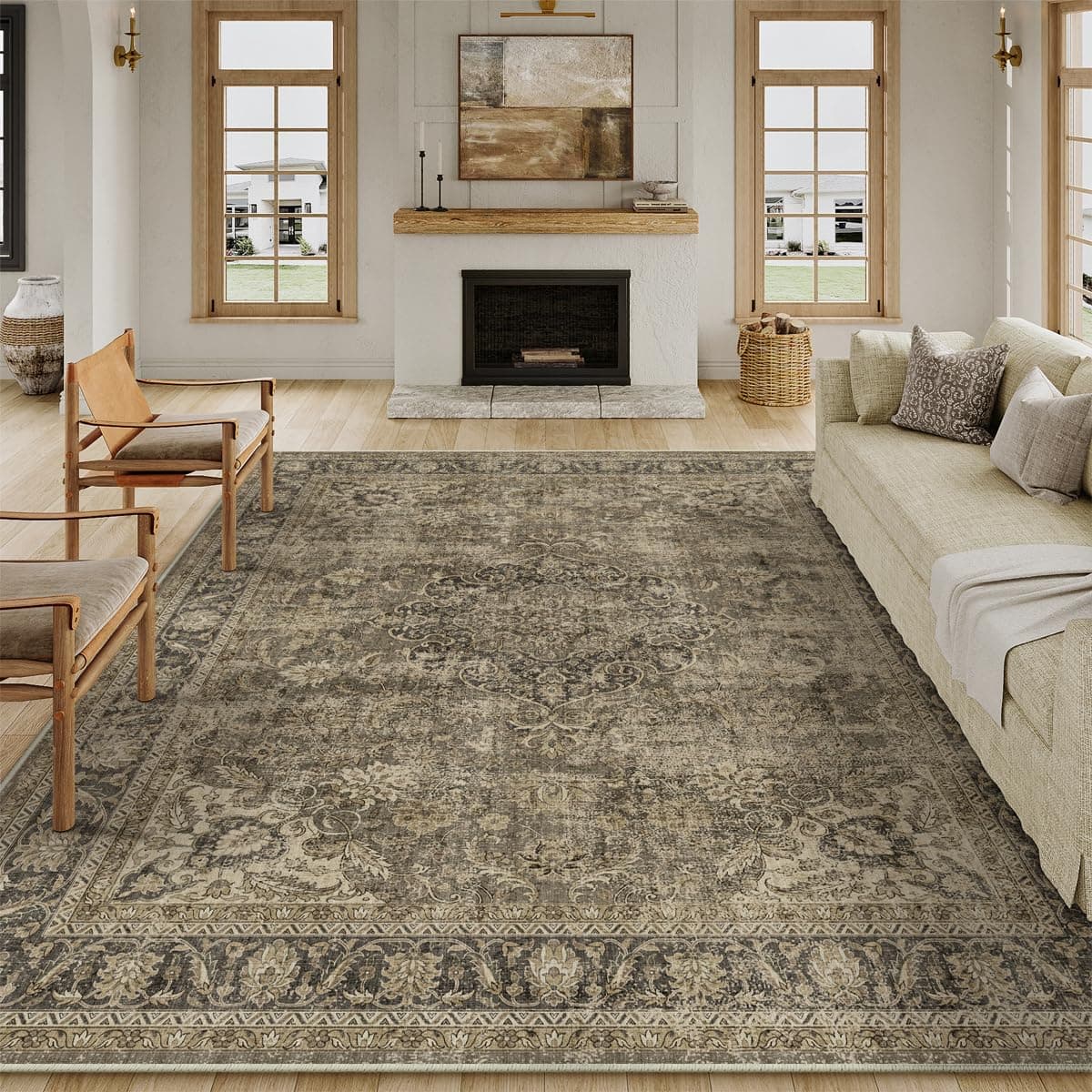 HUGEAR Marrón Vintage Alfombra Salon Alfombras 240x300cm Antideslizante Lavables en Lavadora Grandes Carpet Habitacion Salón Pie de Cama Comedor Tapete Sala Pelo Corto Tapetes