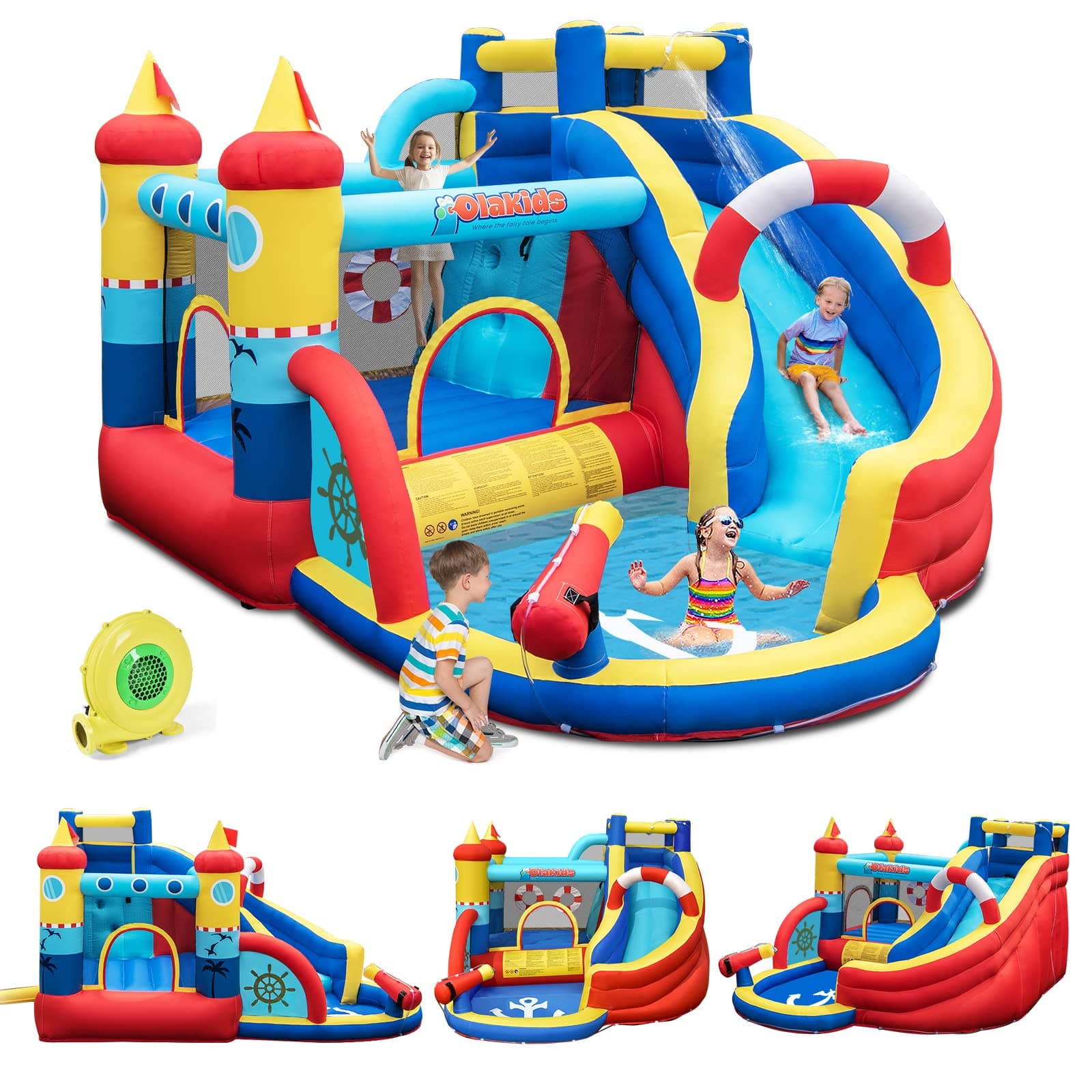 GOPLUS Château Gonflable Pirate,avec Toboggan,Pistolet à Eau et Trampoline,Aire de Jeux Gonflable avec Piscine et Mur d'escalade,pour 3-4 Enfants 3-12 Ans Jusqu’à 120KG(avec Souffleur 450w)