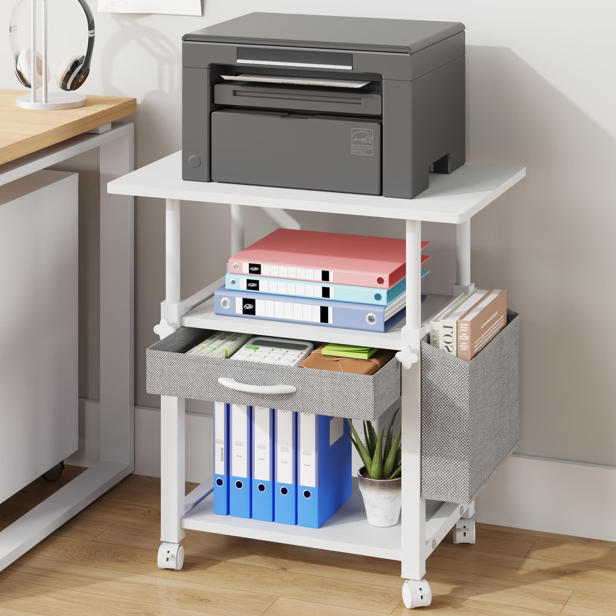 OYRREU Mesa para Impresora con Ruedas - Mueble Soporte para Impresora 3 Niveles con Cajón, Estantería de Oficina para Fax/Scanner/3D, Blanco