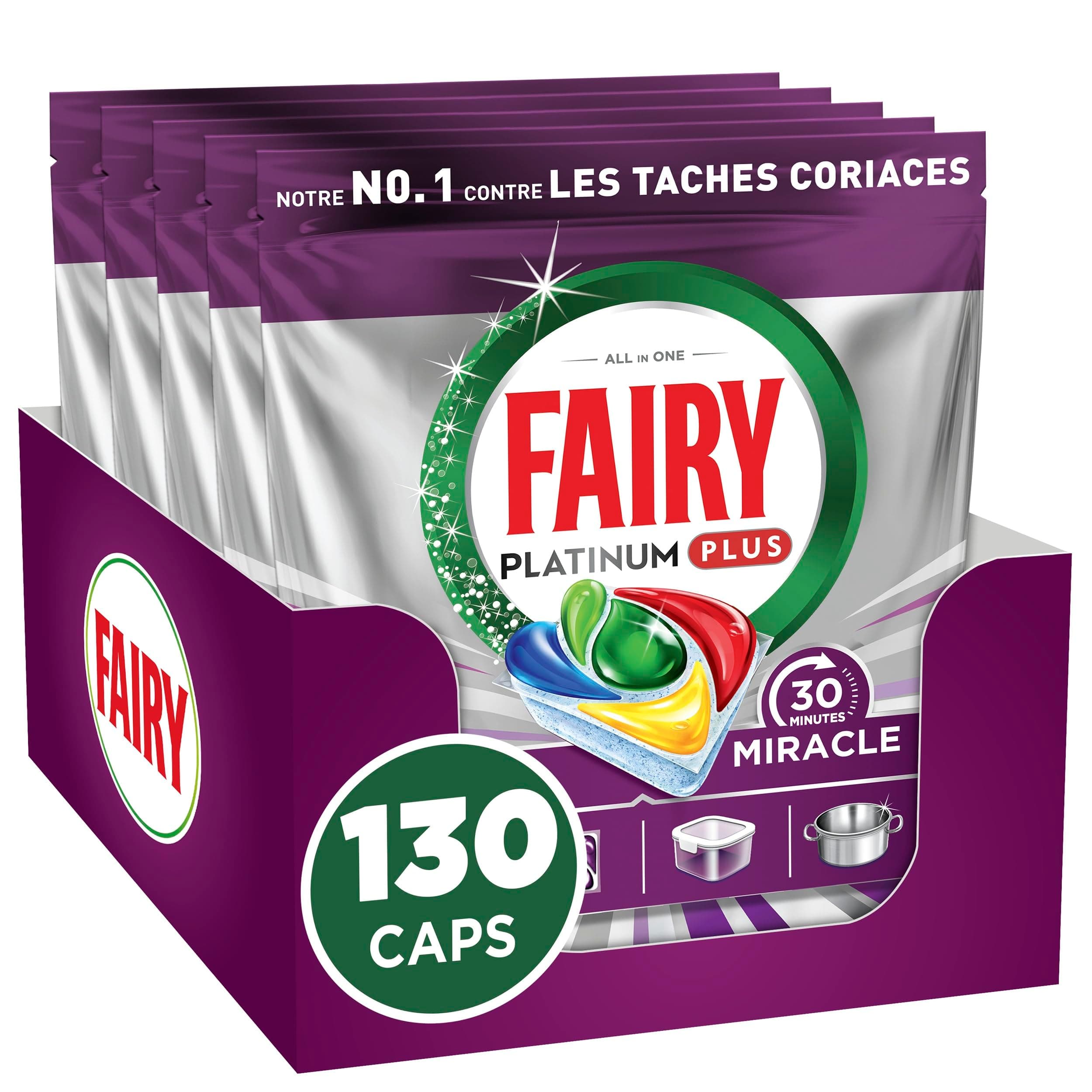 Fairy Platinum Plus Tablettes Lave-Vaisselle Tout-en-1, Miracle 30 Minutes, 130 Tablettes (26x5), Notre Nettoyant n°1 Pour Les Résidus Alimentaires Tenaces