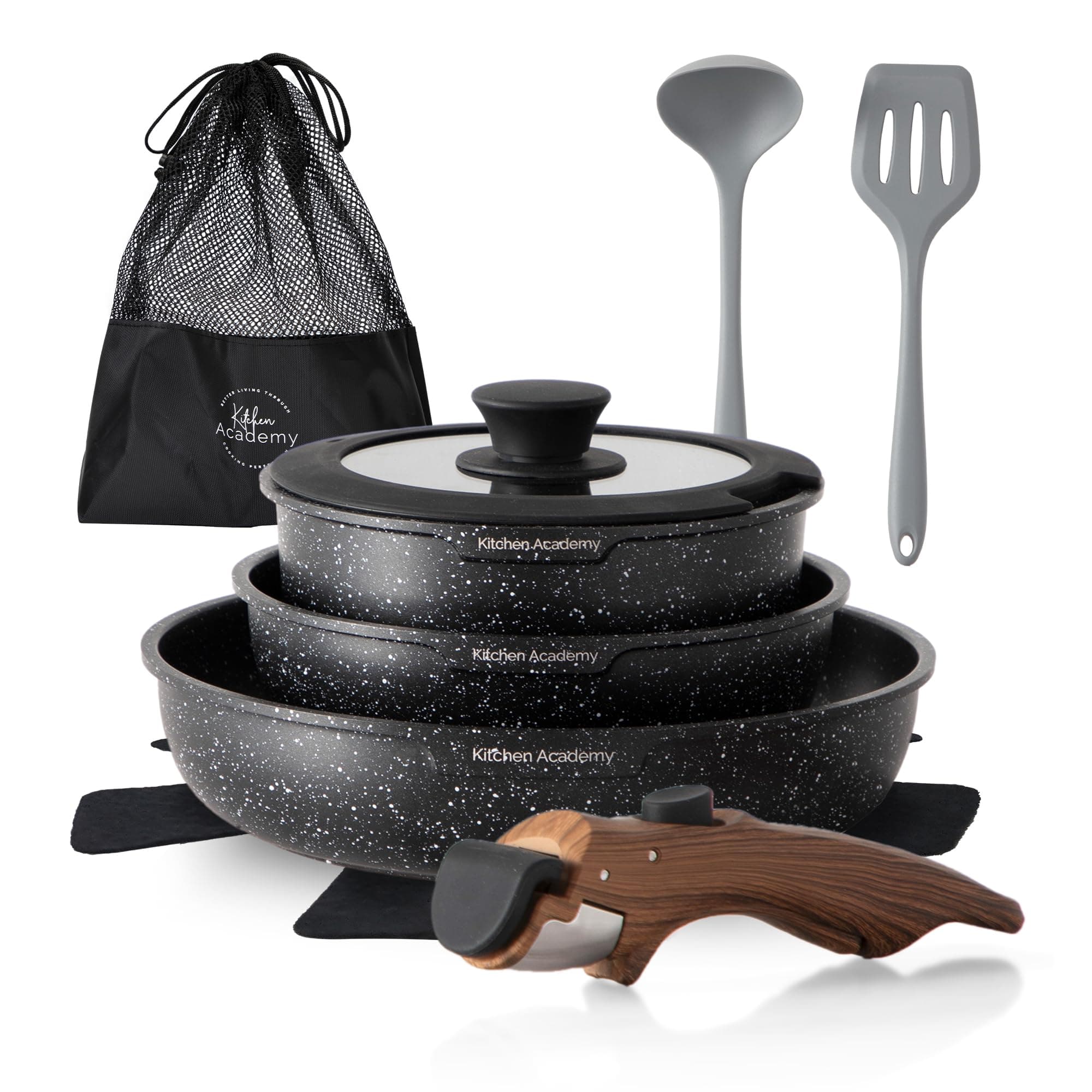 Juego de Sartenes Antiadherente 10 piezas con Mango Desmontable Negro | Juego de Cocina con Tapa de Cristal, Desmontable, Textura de Mármol, Apta para Inducción, Gas y Microondas