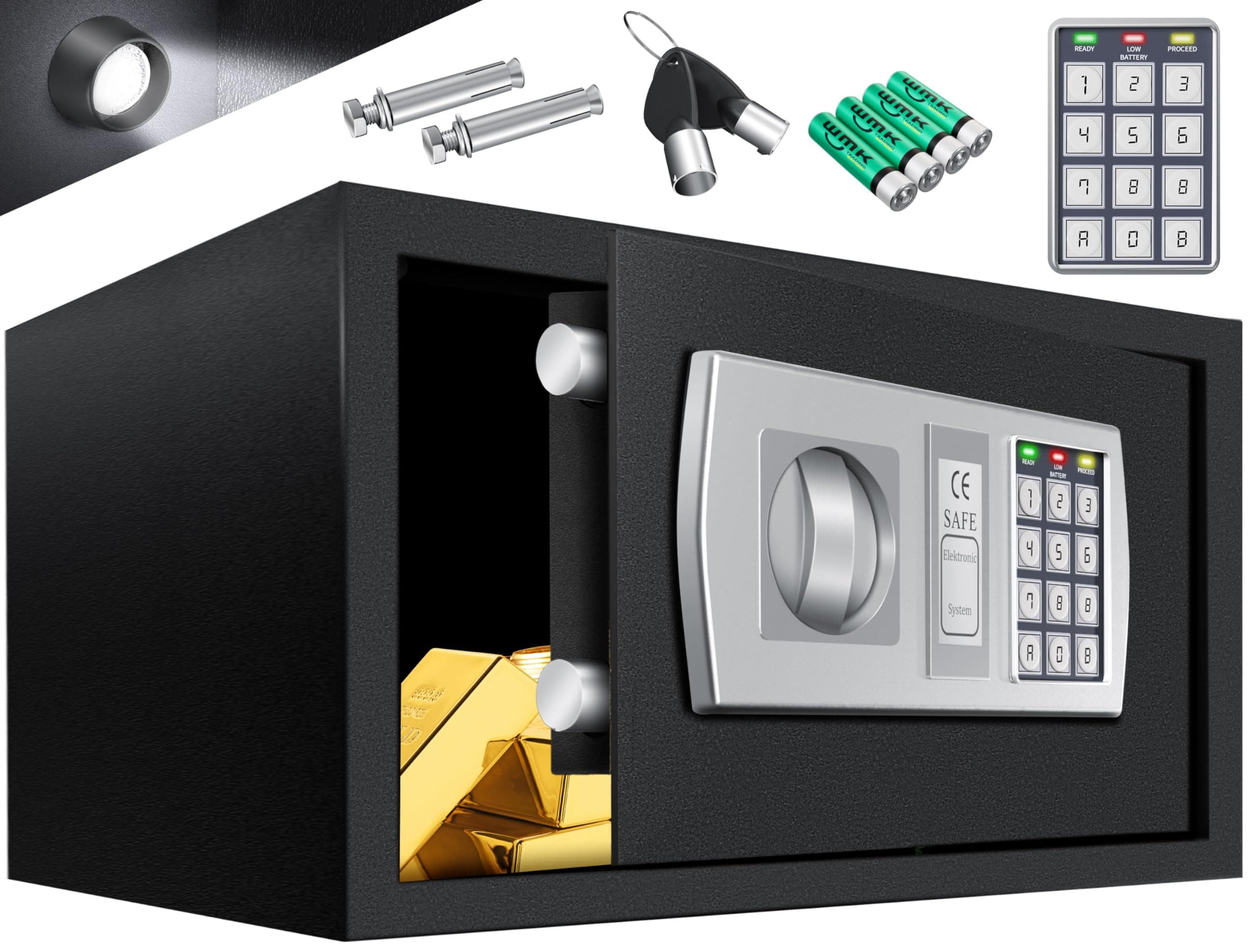 KESSER® Elektr. Tresor | 31x20x20cm | LED-Anzeige | Elektronischer Safe | Doppelbolzenverriegelung | Wandtresor | Montagematerial | Möbeltresor | Innenbeleuchtung, Panzerschrank Zahlenschloss Schwarz