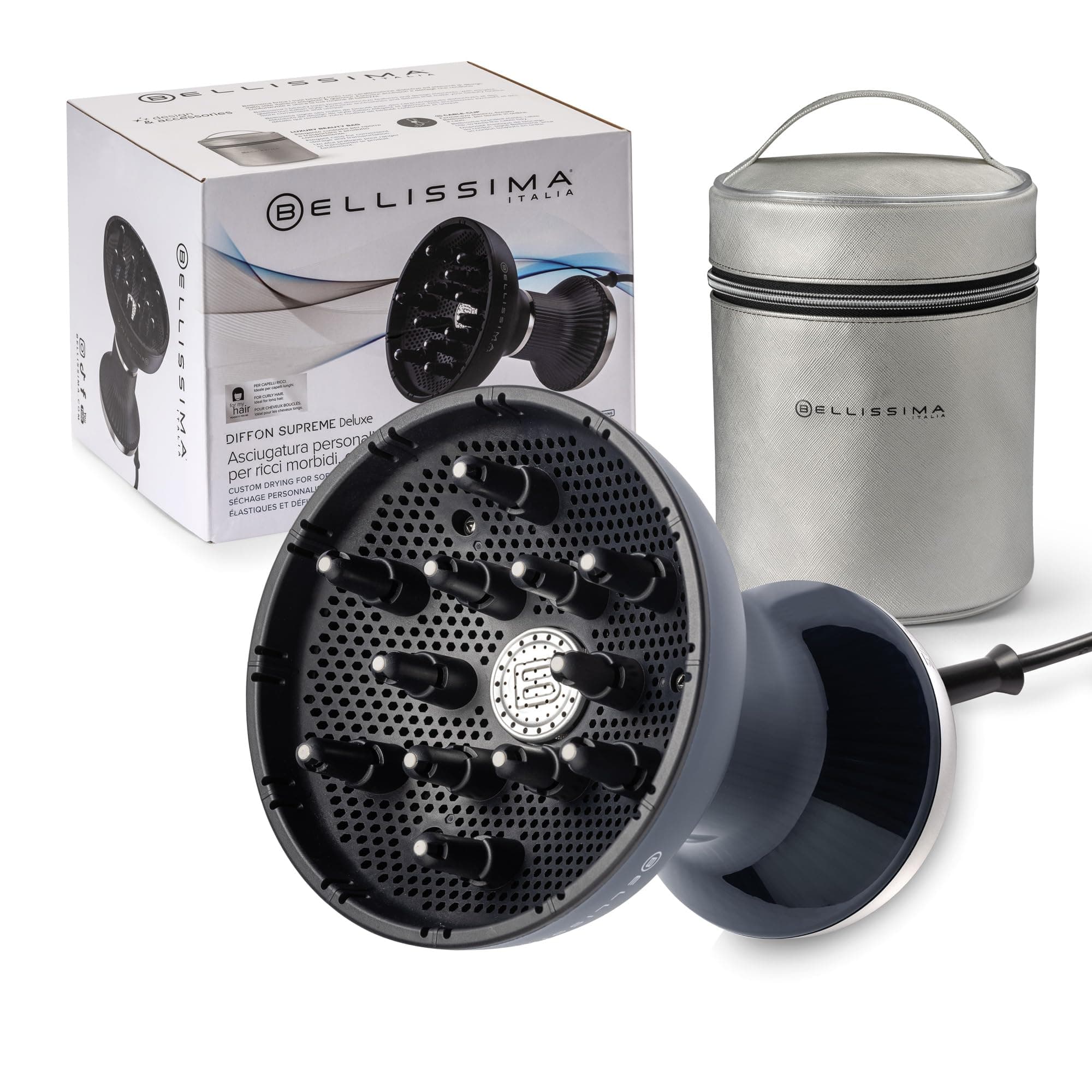 Bellissima Diffon Supreme Deluxe, Difusor de Aire Caliente para Cabello Rizado, Tecnología Cerámica y Queratina, Difusor XL, 3 Temperaturas y Ionizador, Secado Suave, bolsa de belleza, Negro Y Plata