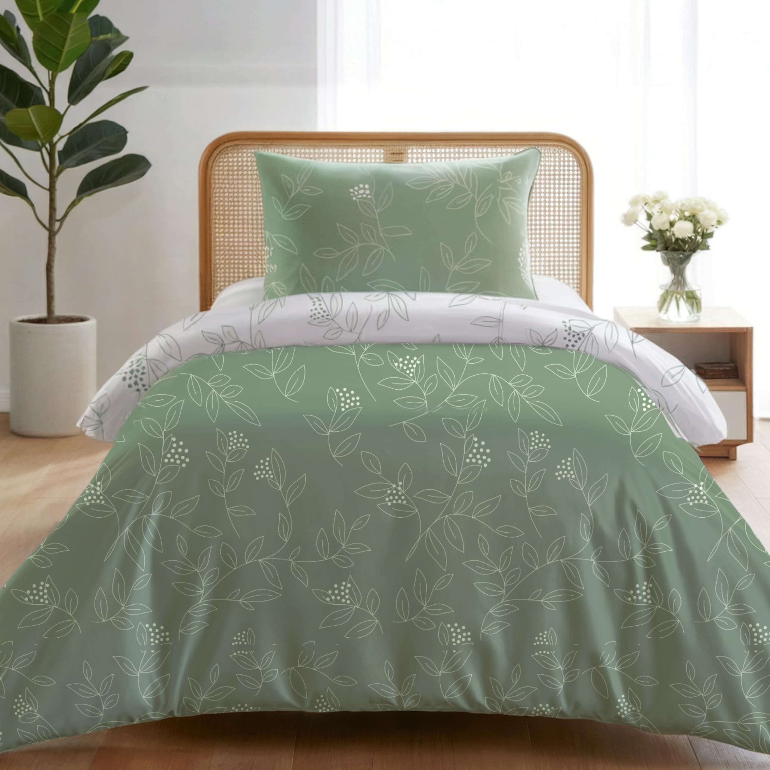 Dreamzie Housse de Couette 140x200 cm avec 1 Taie d'oreiller 65x65 cm, Motif Feuilles Vert Sauge, Parure de Lit 140x200 avec Fermeture Éclair, Linge de Lit 1 Personne, Oeko TEX