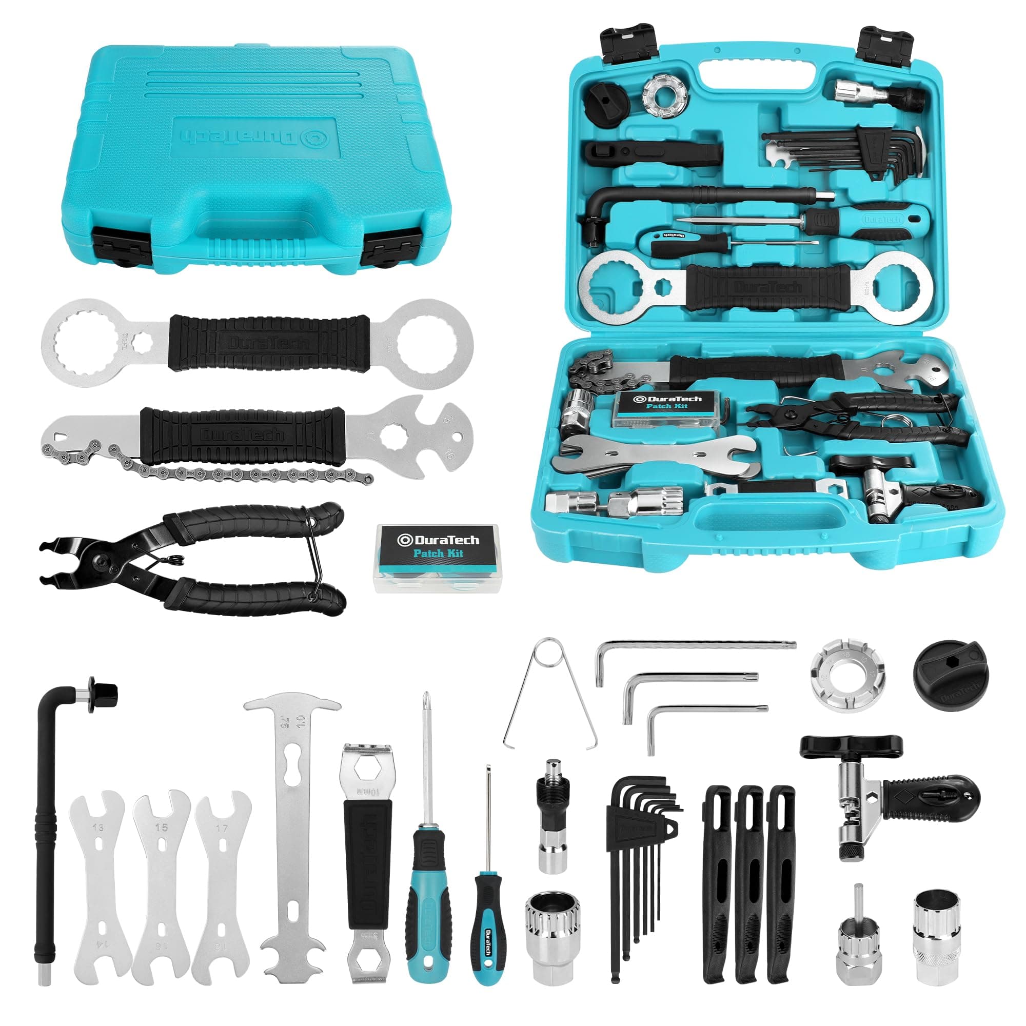 DURATECH 41 Piezas Juego de Reparación de Bicicleta, Maletín de Herramientas para Bicicleta, Herramientas de Neumáticos y Cadenas, Extracción de Pedales del Eje Central, para Reparar Bicicleta