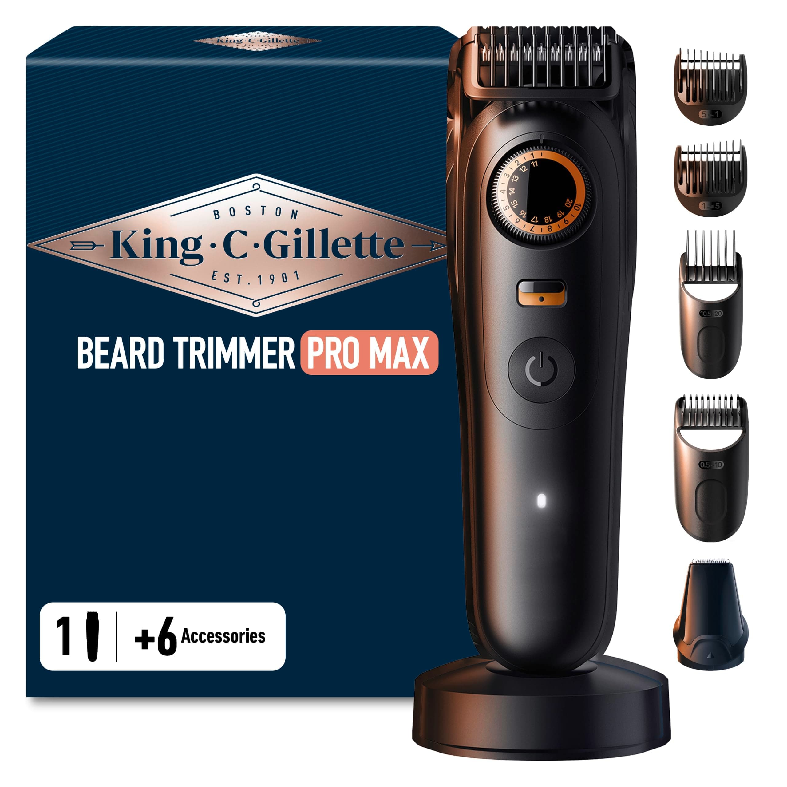 King C. Gillette Tondeuse Barbe Homme Pro Max, Electrique, Noire – Etanche, sans Fil, Lames Inusables, 40 Réglages, Coffret avec 4 Sabots Interchangeables, Jusqu’à 120 mins d’Autonomie