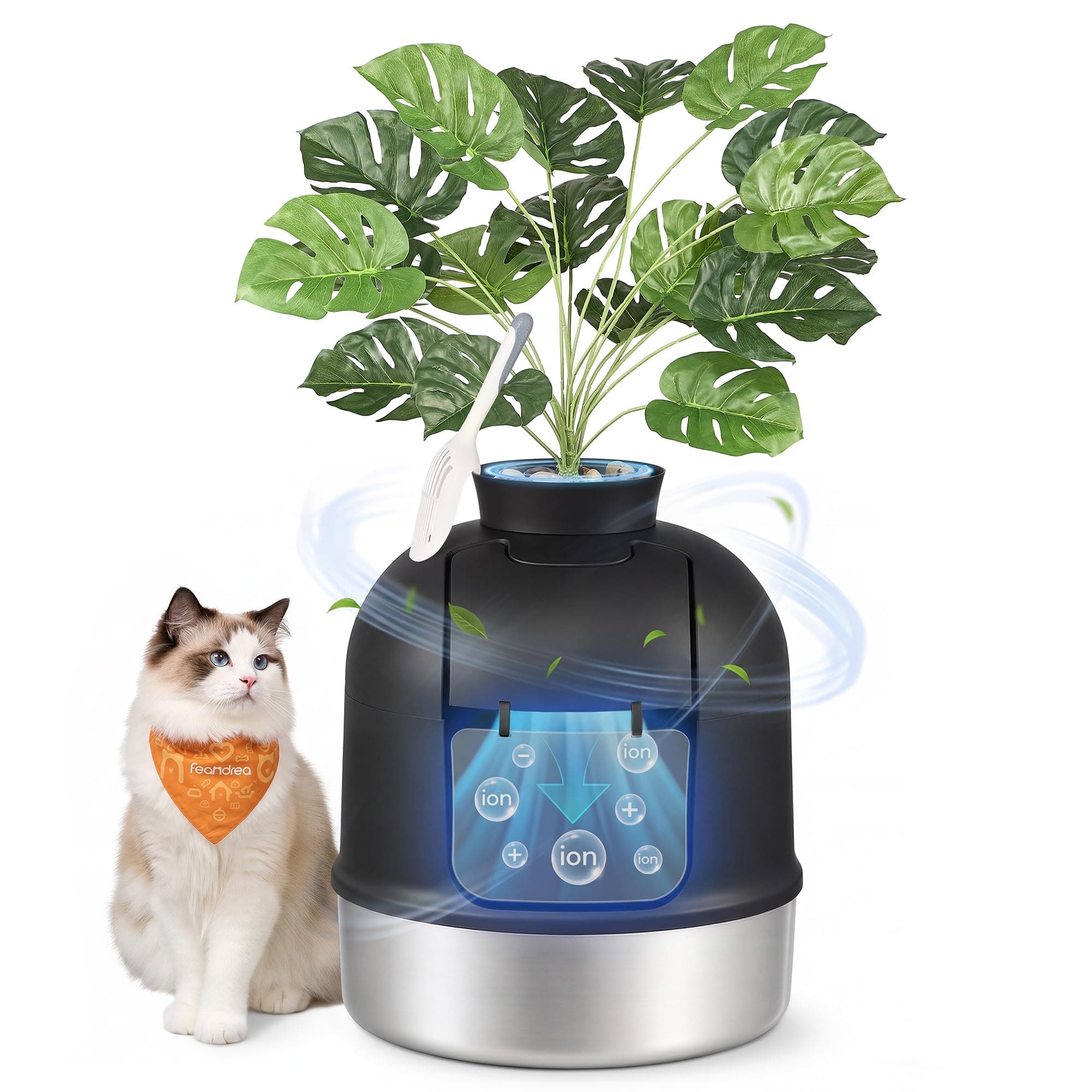 Feandrea Litière pour Chat, avec Plante, Acier Inoxydable, 49 x 49 x 59 cm | Meuble Litière Chat, Filtre Anti-Odeur, Intérieur, Noir d'Encre et Argent, Collection Boxal, PPT026B101