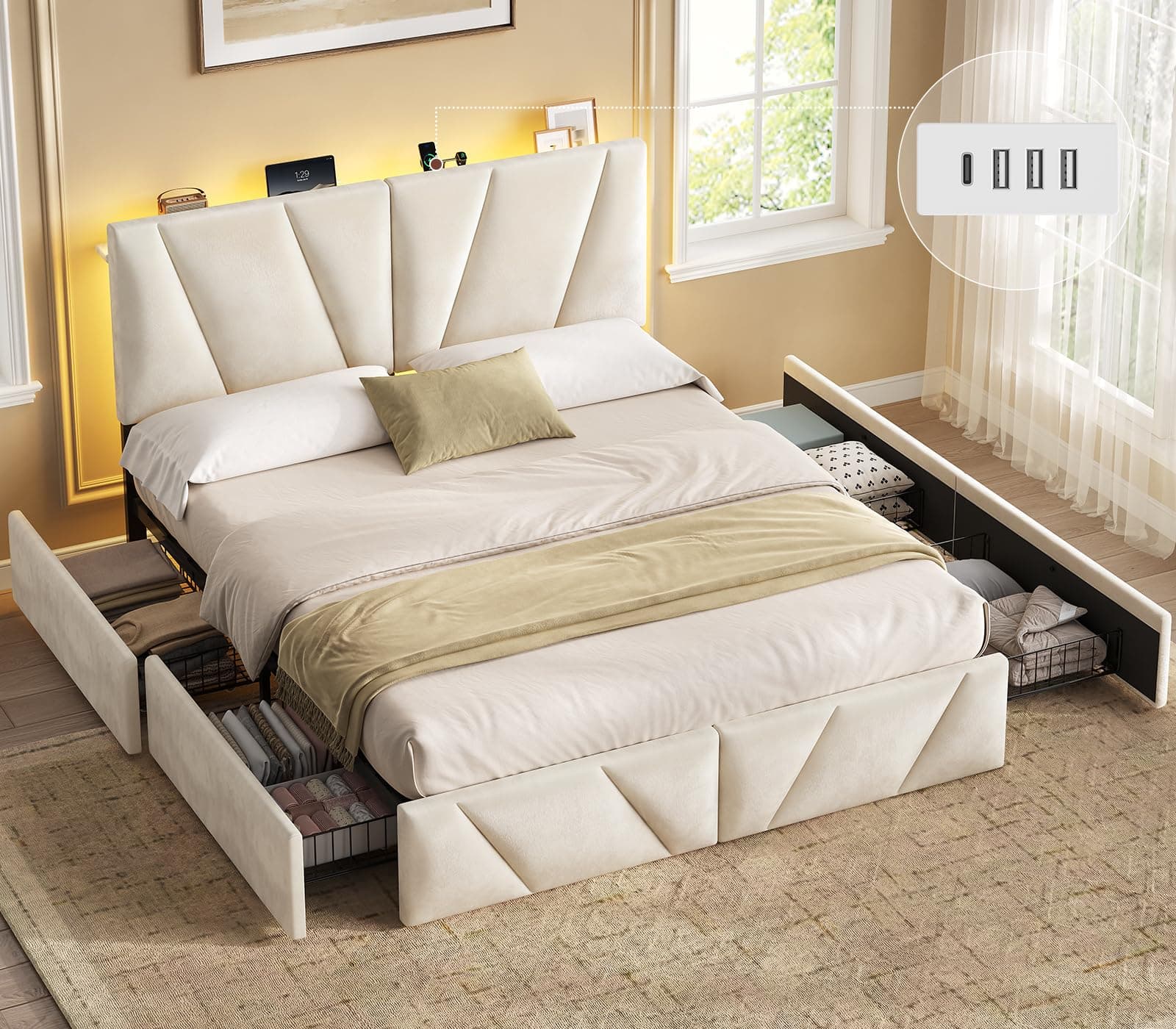 Lit 160x200 avec Sommier et 4 Tiroirs, Lits LED 160x200 avec Multiprise, Tête de lit Réglable en 3 Hauteurs avec Étagère Ouverte, Lits Double 160 x 200 Capitonné en Velours Beige Moderne