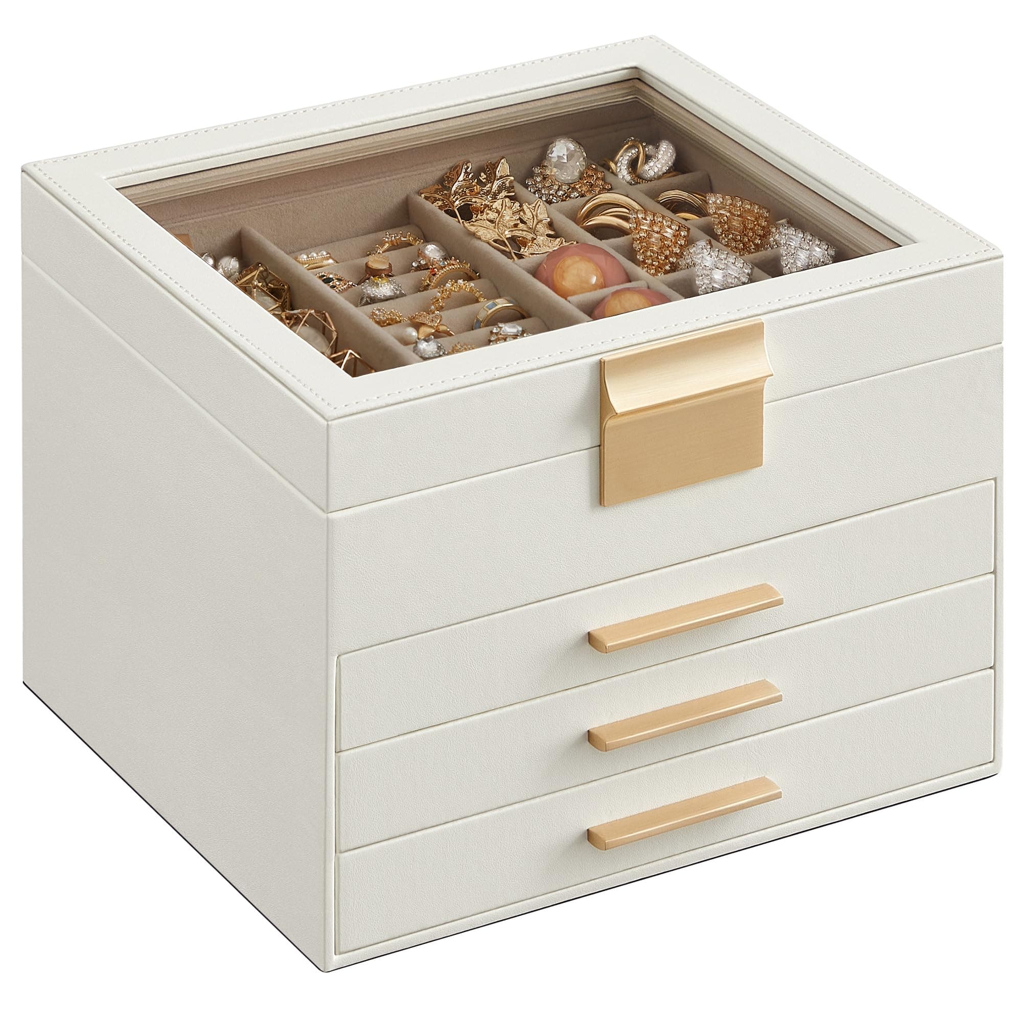 SONGMICS GISELLA Collezione - Scatola Portagioie con Coperchio in Vetro, 4 Livelli, Porta Gioielli con 3 Cassetti, Moderno, Idea Regalo, Bianco Nuvola e Dorato, 20,3 x 23,1 x 16,5 cm JBC173W01