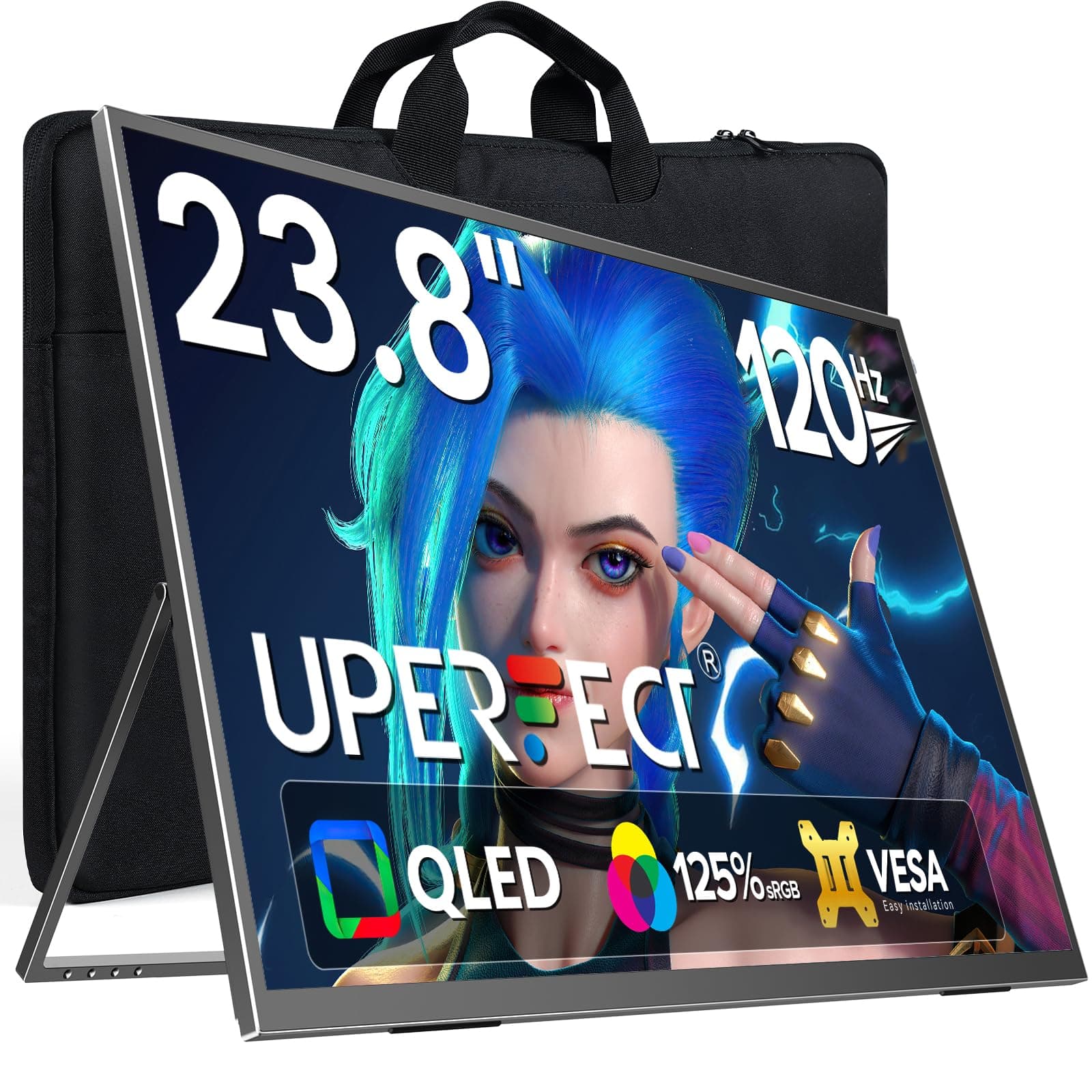 UPERFECT 23.8 Pollici 120Hz QLED Monitor Portatile, FHD 1080P 125% SRGB Ampio Display Opaco con Supporto Regolabile 180° USB C HDMI per Laptop/MacBoo/SteamDec/Smartphone/Mini PC, Compatibile con VESA