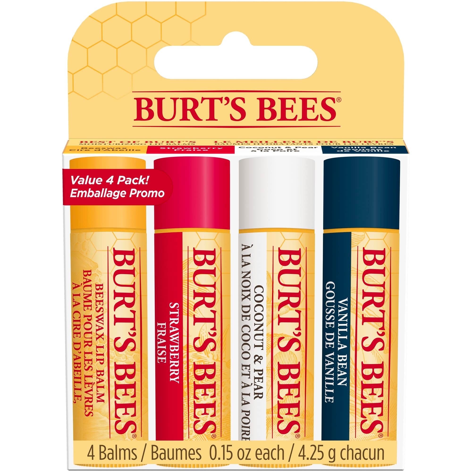 Burt's Bees Paquete múltiple de bálsamo labial, cera de abejas, fresa, coco y pera, vainilla, Best of Burt's, 4 x 4.25 gramos