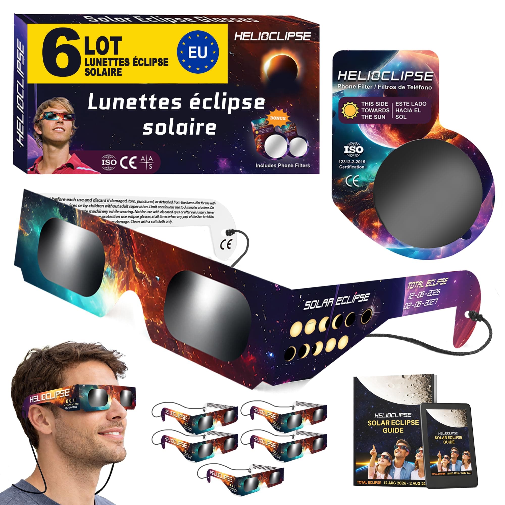 Helioclipse - Lot de 6 Lunettes Éclipse Solaire ISO 12312-2 - Lunette Éclipse Solaire Certifiée pour Éclipse de Soleil Totale ou Partielle - Bonus 1x Filtre pour Téléphone