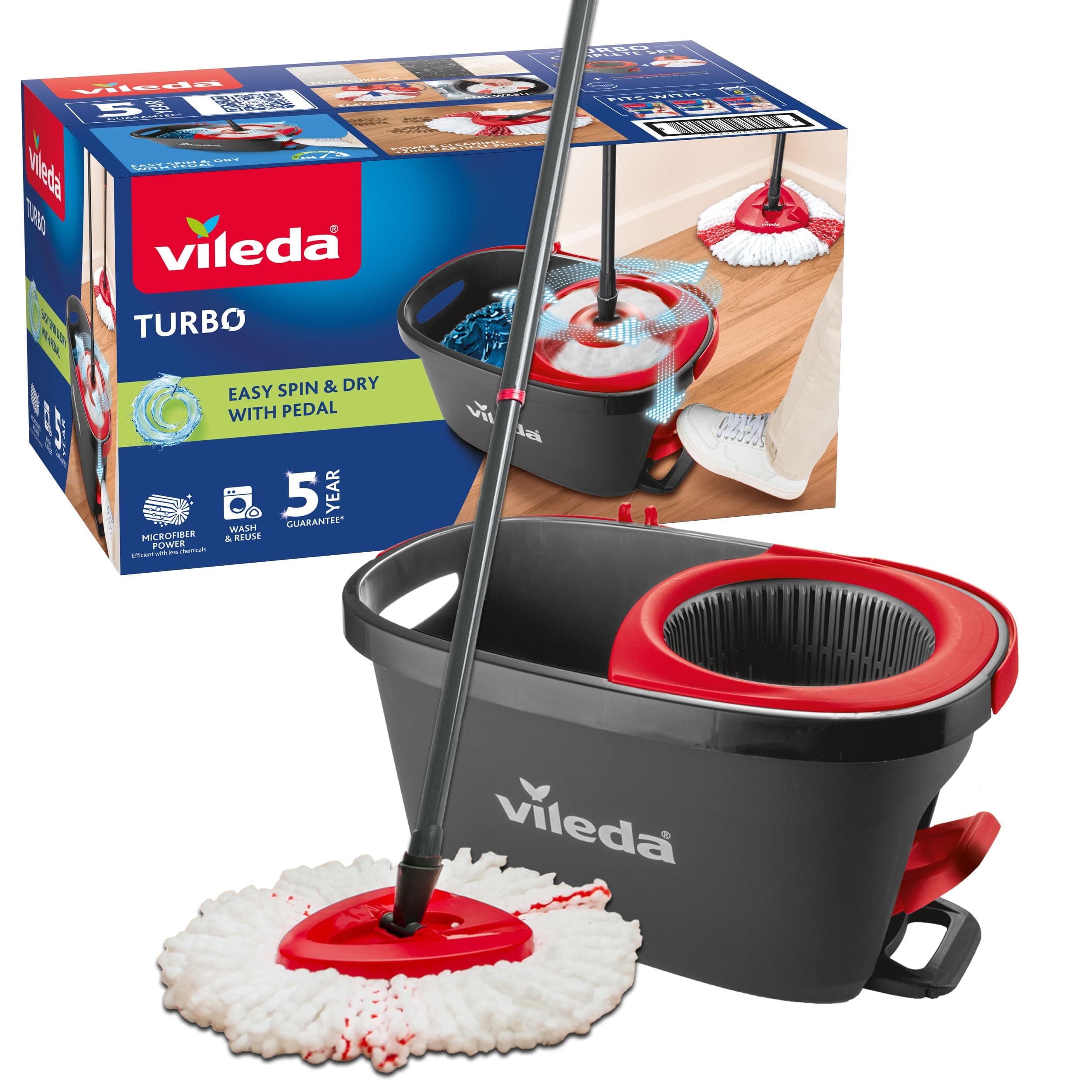 Vileda Turbo Set de Fregona con Cubo y Escurridor Giratorio Activado con Pedal | Palo telescópico de 65 a 131 cm | | Recambio de Microfibra | Limpieza Profunda con Menos Esfuerzo