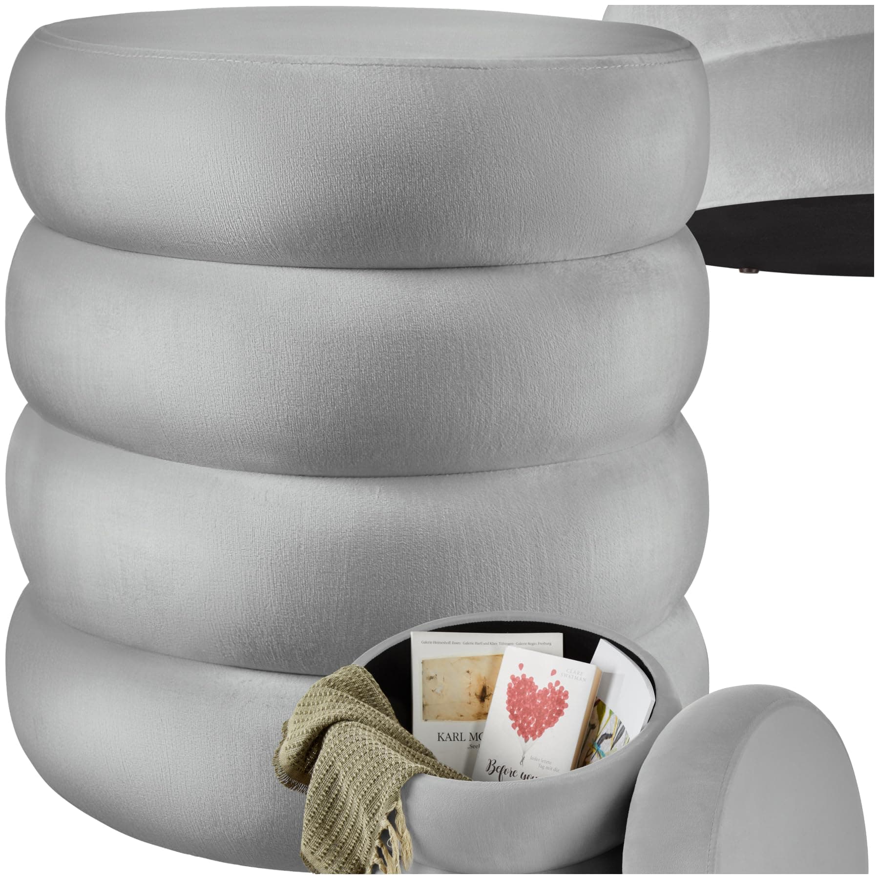 tectake® Hocker mit Stauraum, Scandi Sitzhocker Samt Stoff, Pouf, Polsterhocker rund für Schminktisch, Wohnzimmer Möbel, als Flur Möbel, Stauhocker Wohnen, Ø 42 x 47 cm - Samtoptik grau