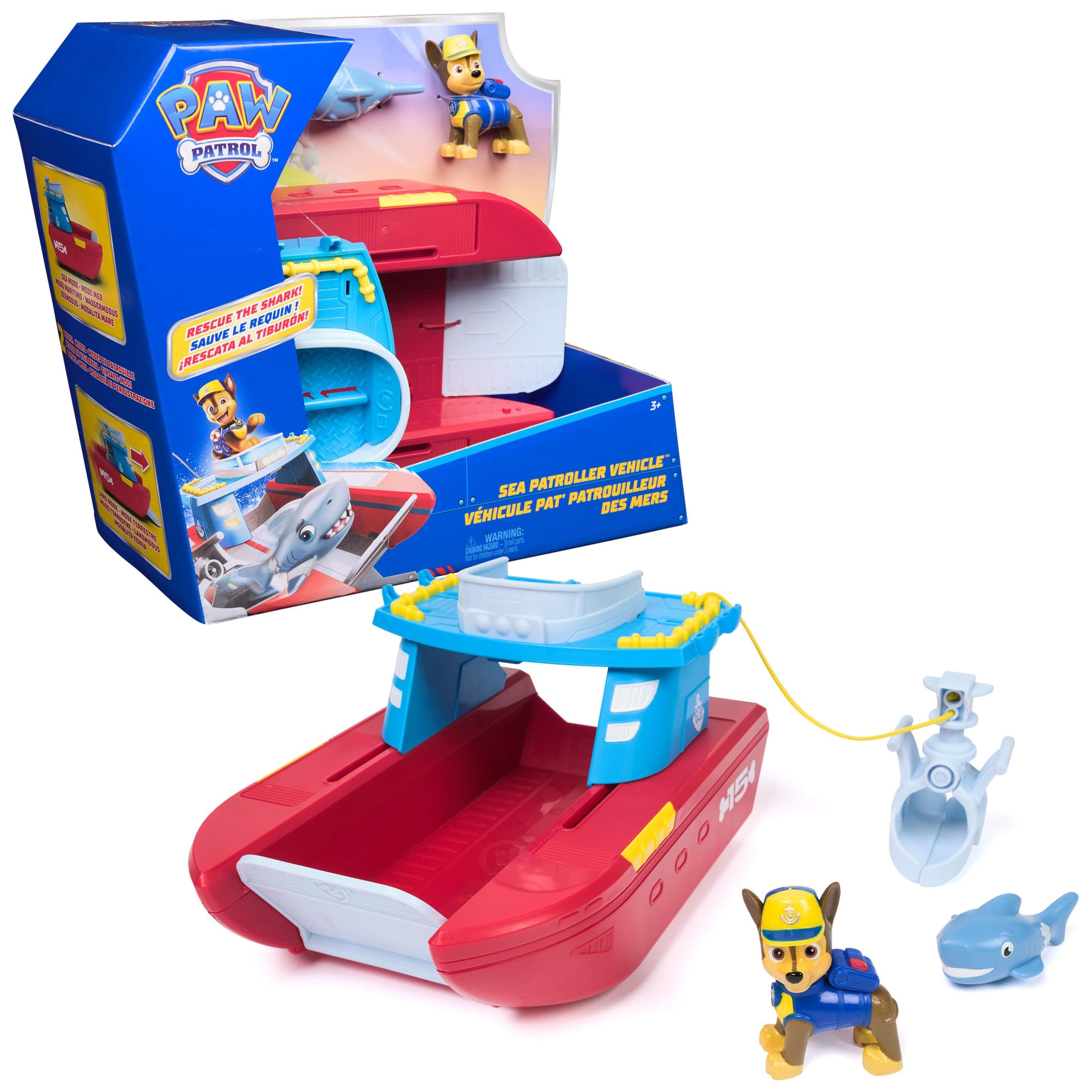 PAW PATROL – Sea Patroller Rettungsboot mit Chase Figur und Hai, ca. 23 cm, 2 Einsatzmodi Wasser & Land, für Kinder ab 3 Jahren