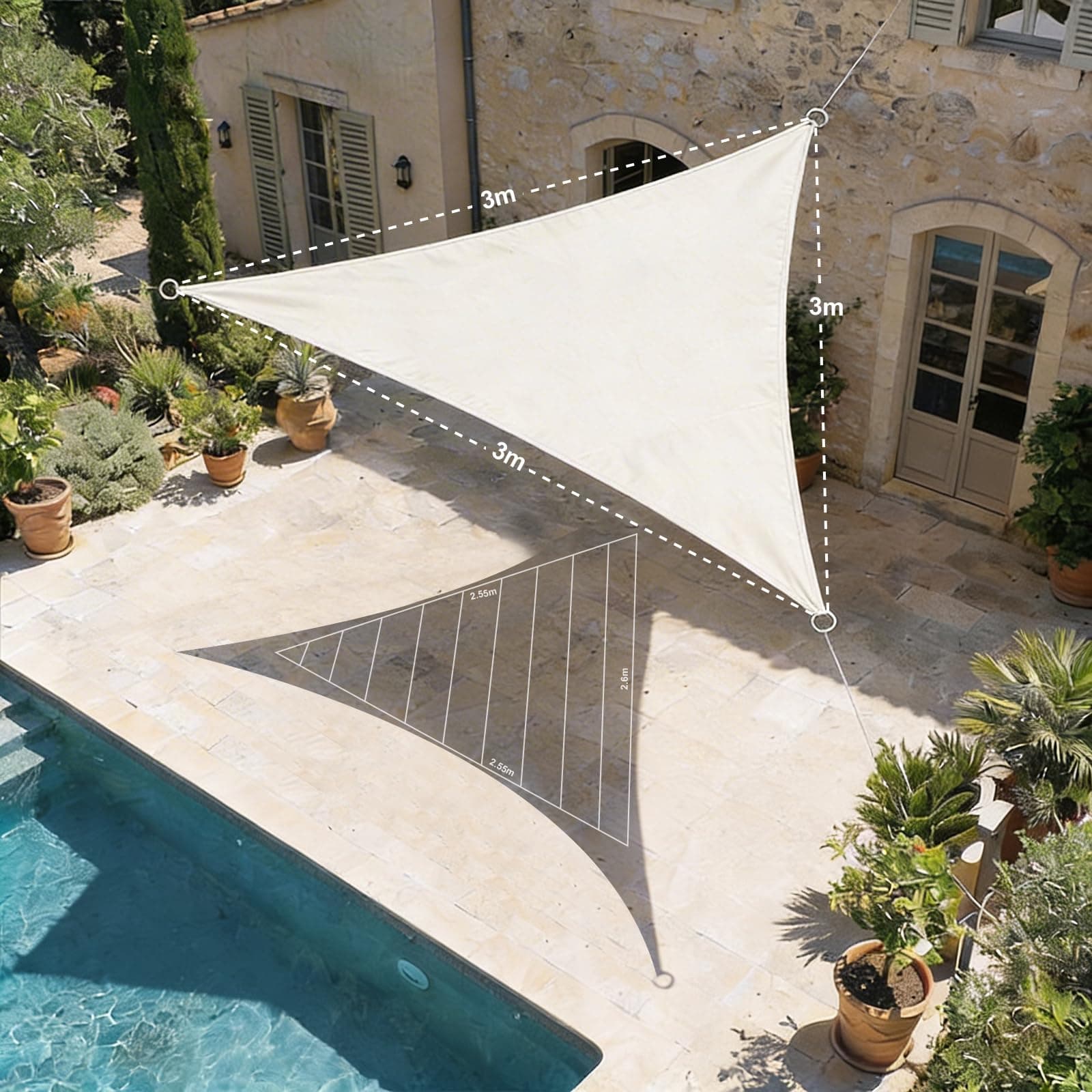 HAIKUS Tenda a Vela Triangolare 3x3x3 m, HDPE Traspirante, Telo Ombreggiante Triangolare 3x3 x3 m, Tenda da Sole per Esterno Giardino Terrazzo, Bianca