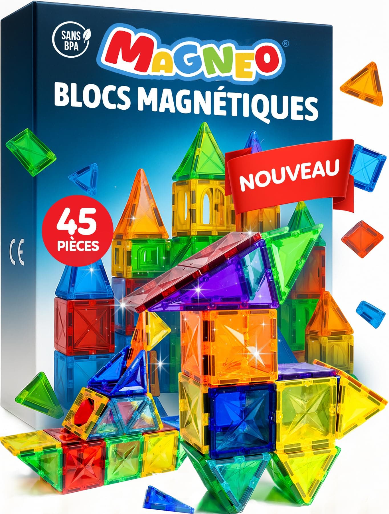 Magneo® Blocs Magnétiques 45 Pièces – Construction magnetique Enfant dès 3 Ans – Jeu Créatif avec Magnetic Tiles – Blocs Aimantés pour Garçons & Filles – Idée Cadeau
