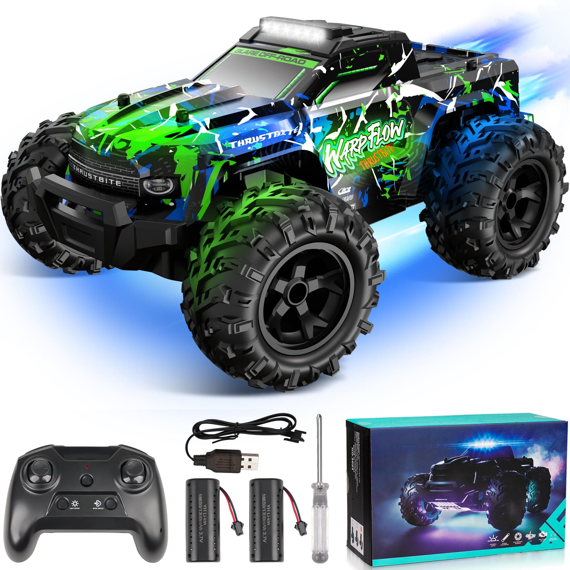 BAZADER Coche Teledirigido Coche RC - 1:18 Coches teledirigidos con Luces Led, 25 Km/H Remote Control Car con Pulverizador 2,4 GHz Todoterreno 2 Baterías Recargables 60min Play, para NiñOs Y Adultos