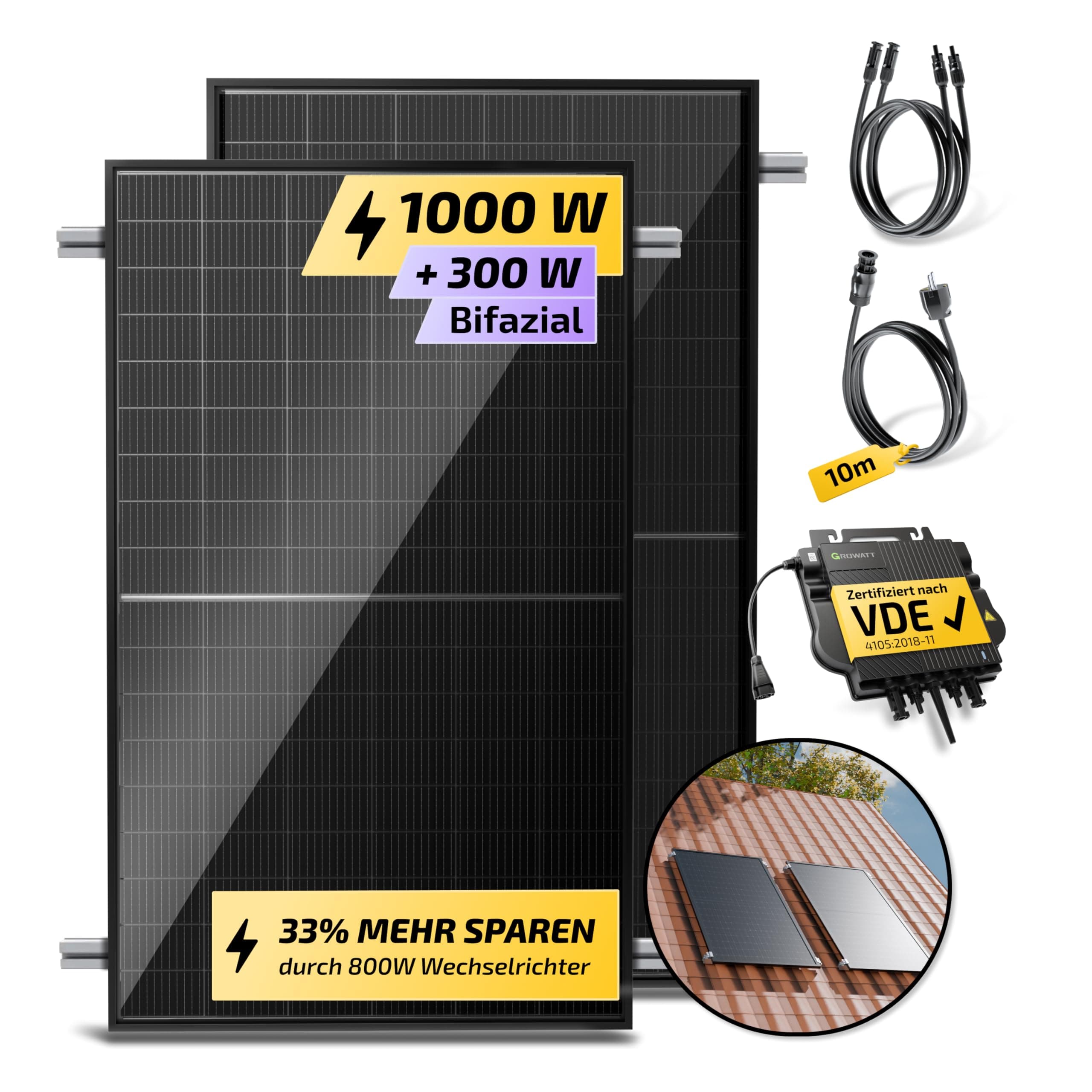 Solakon® 1000W Balkonkraftwerk mit Halterung (Ziegeldach, Einzelmontage) - 800W komplett Steckdose - neuester 800W Wechselrichter - Solaranlage Komplettset - 500W bifaziale Solarmodule inkl. Zubehör