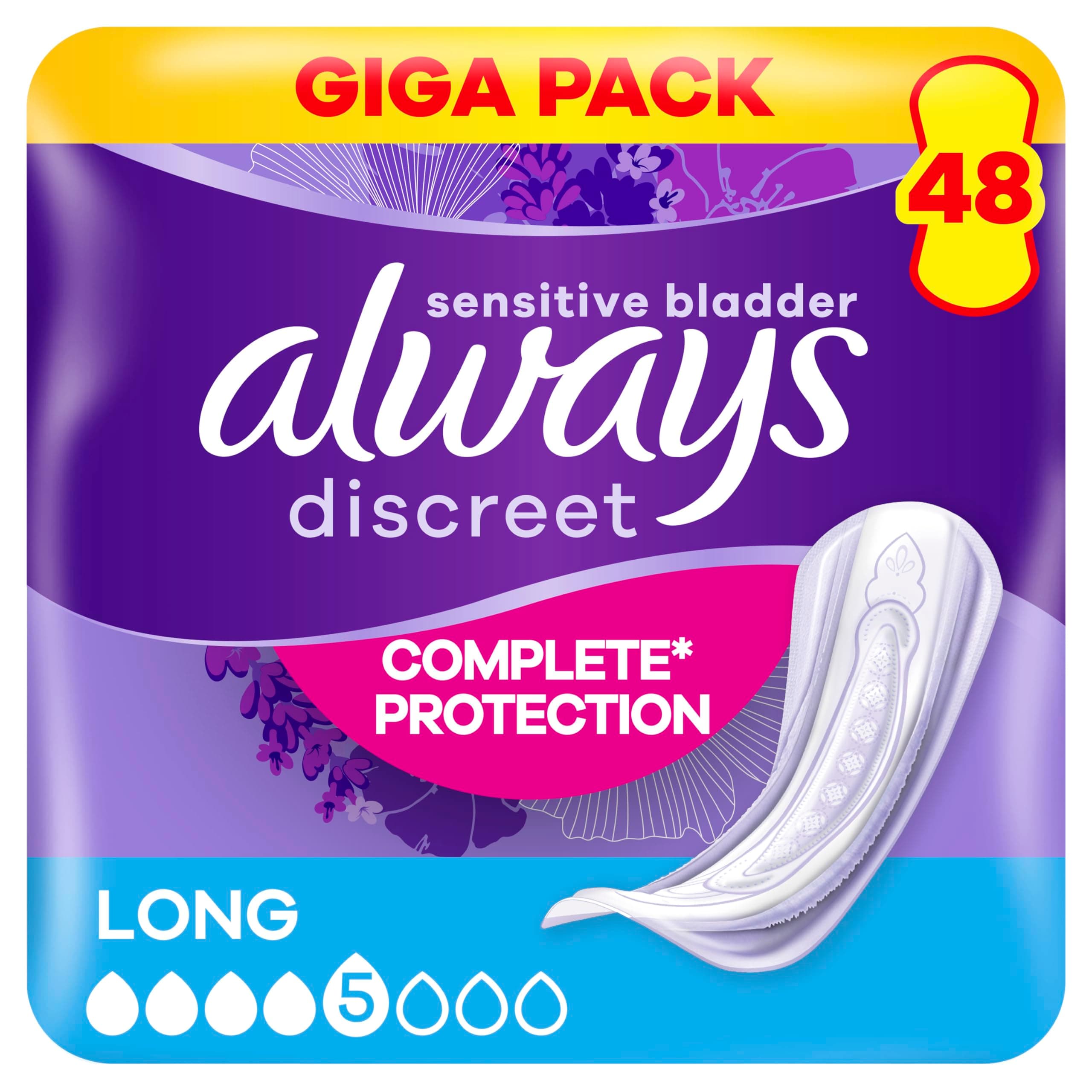 Always Discreet Serviettes Pour Fuites Urinaires Femmes Long, Protection intégrale, Discrétion, 48 Serviettes