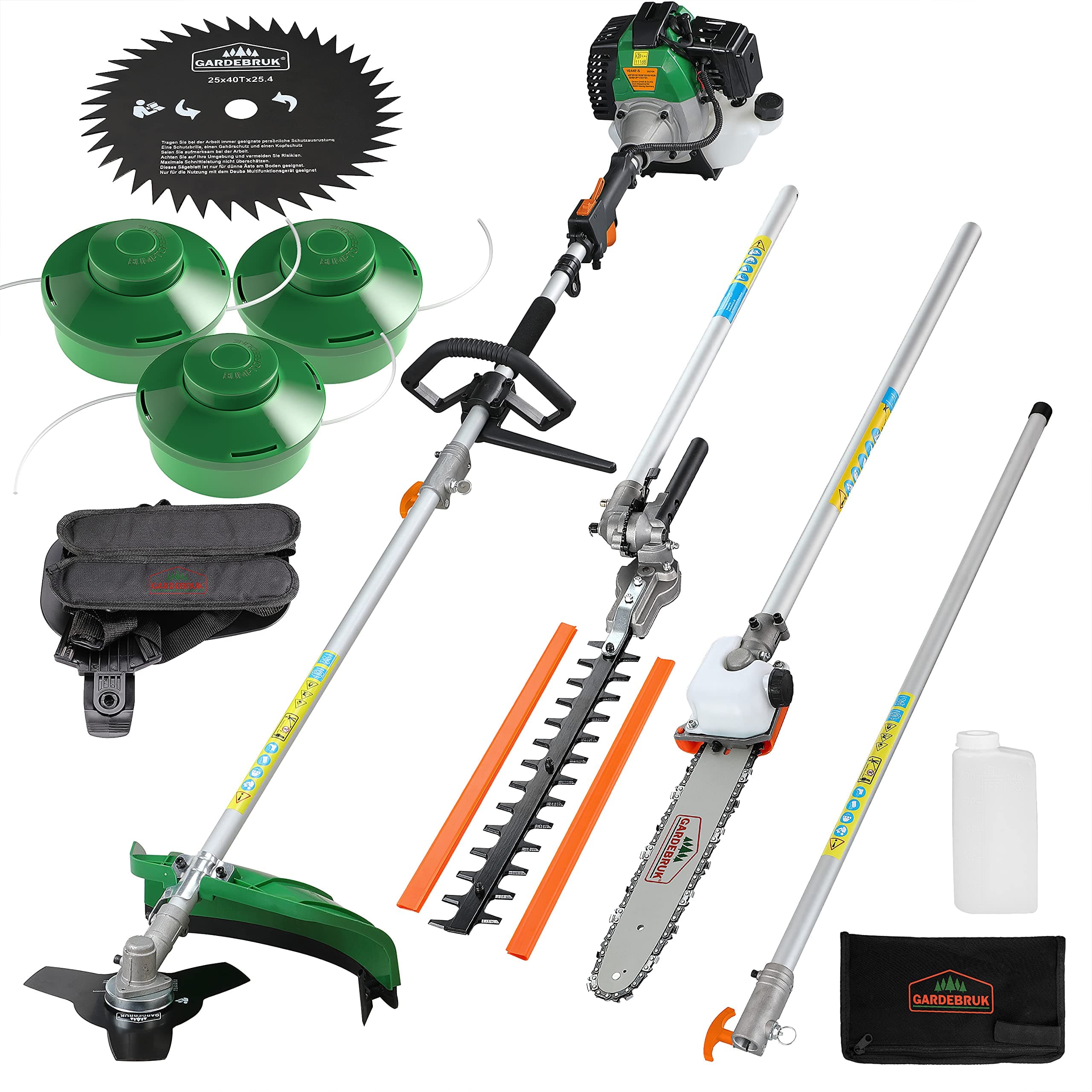 GARDEBRUK® Desbrozadora Gasolina Multifunción 5en1 Cortasetos Portátil Podadora Extensión 1m Motor 2 Tiempos 52 CC Correa Hombro Ajustable Mango Largo