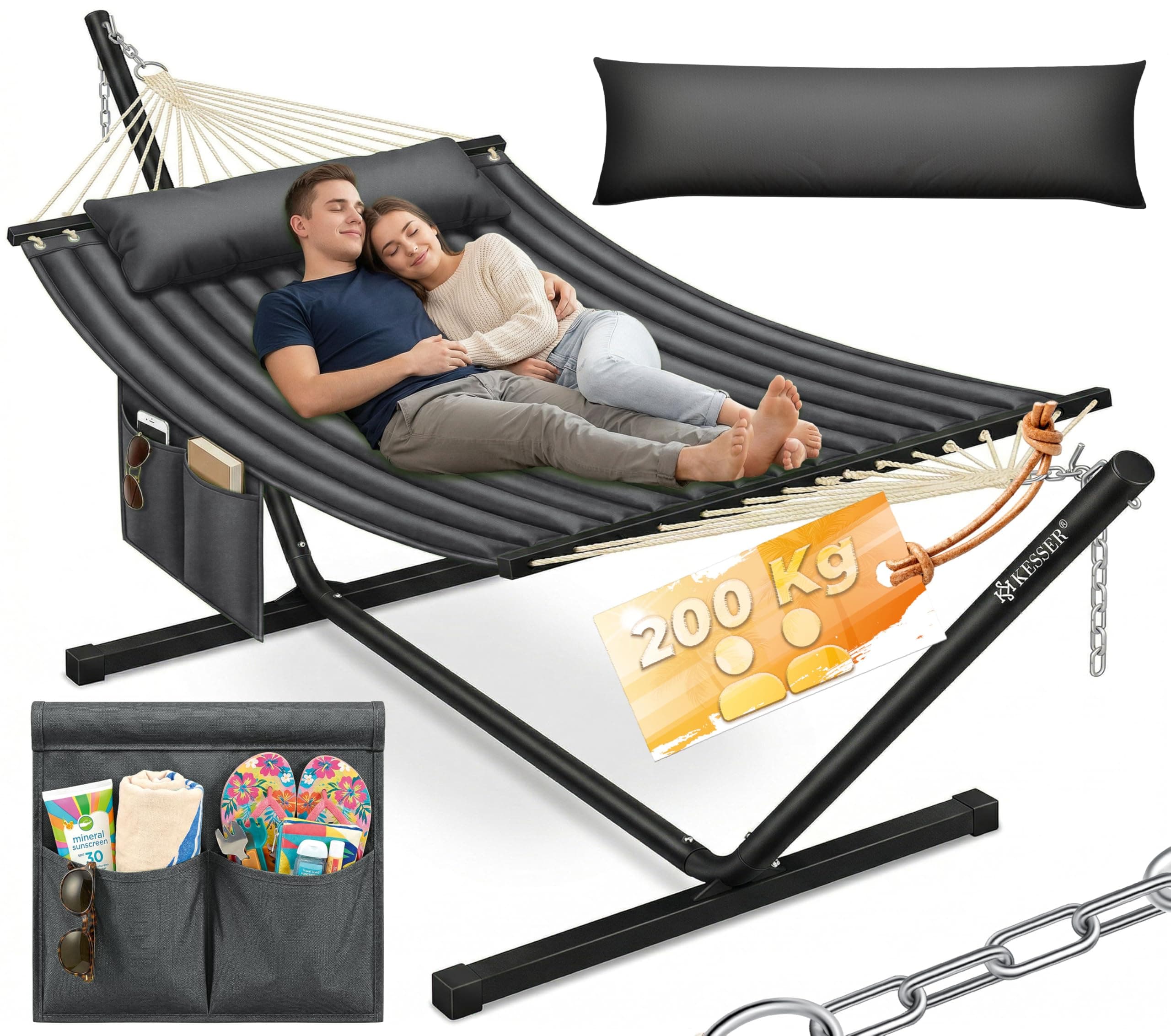 KESSER® Hamac Hill avec Support Coussin Double hamac pour 2 Personnes-Cadre Stable -200 kg de capacité de Charge Intérieur et extérieur XXL Fauteuil Suspendu Double Multi-Personnes