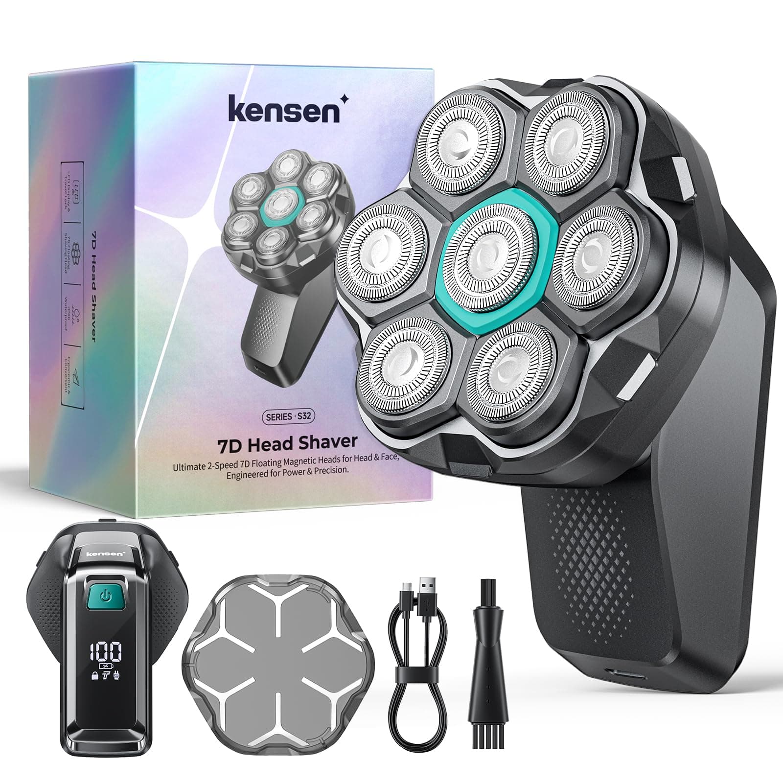 Kensen Rasoir Tete Chauve Homme 7D Rasoir Electriques Hommes 100 Mins d'Autonomie Tondeuse Crane Chauve IPX6 Étanche Sec & Humide Rasoir Crane Homme Chauve avec Écran LED，USB-C，8100 & 8500 tr/min