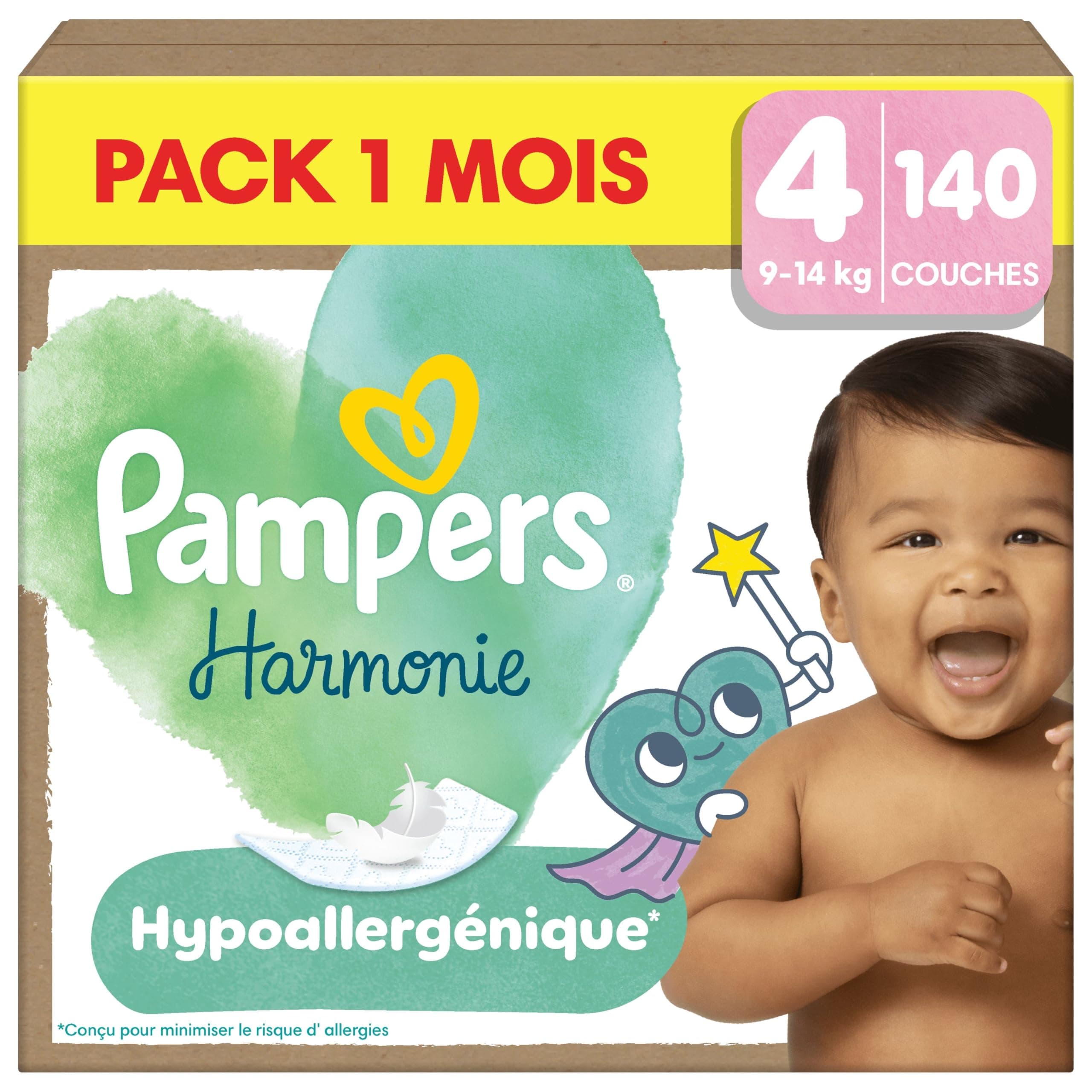 Pampers Harmonie Couches Édition Limitée, Taille 4, 140 Couches, 9kg-14kg, Conçues Pour Les Peaux Les Plus Sensibles, Pack 1 Mois